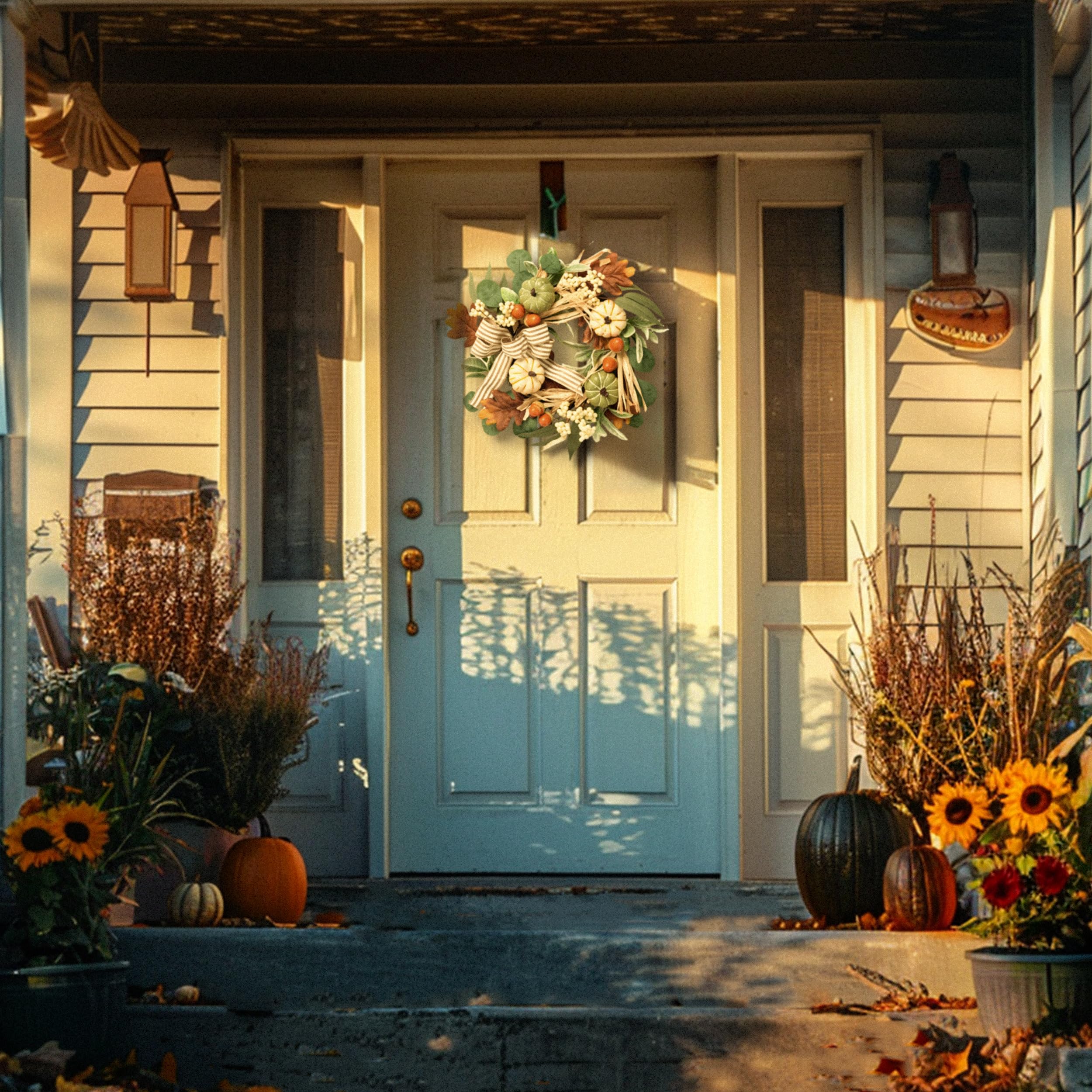 Valery Madelyn Fall Wreaths for Front Door Outside, 18'' Farmhouse Autumn Door Wreath with Lights White Pumpkins Bow, Outdoor Fa