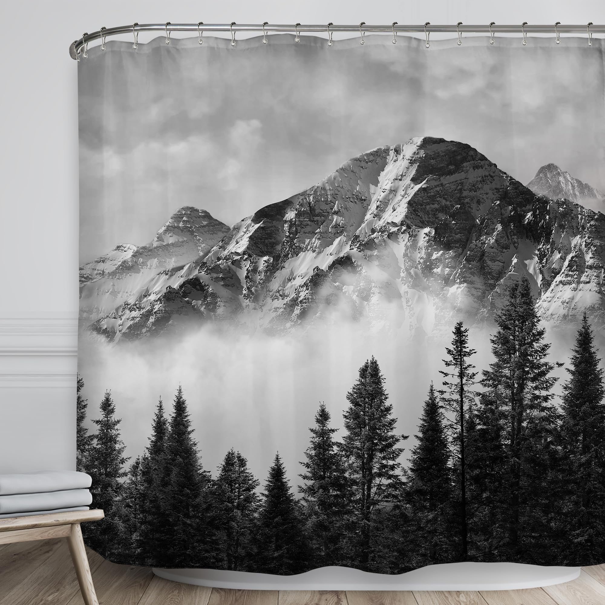 Riyidecor Extra Wide Misty Forest Mountain Clawfoot Tub Shower Curtain 108Wx72H Inch 19 Pack Foggy Tree Metal Hooks Foggy Smokey Scenery Home Decor Forest Tree Outdoor Photo Decor Fabric RY-WHRV