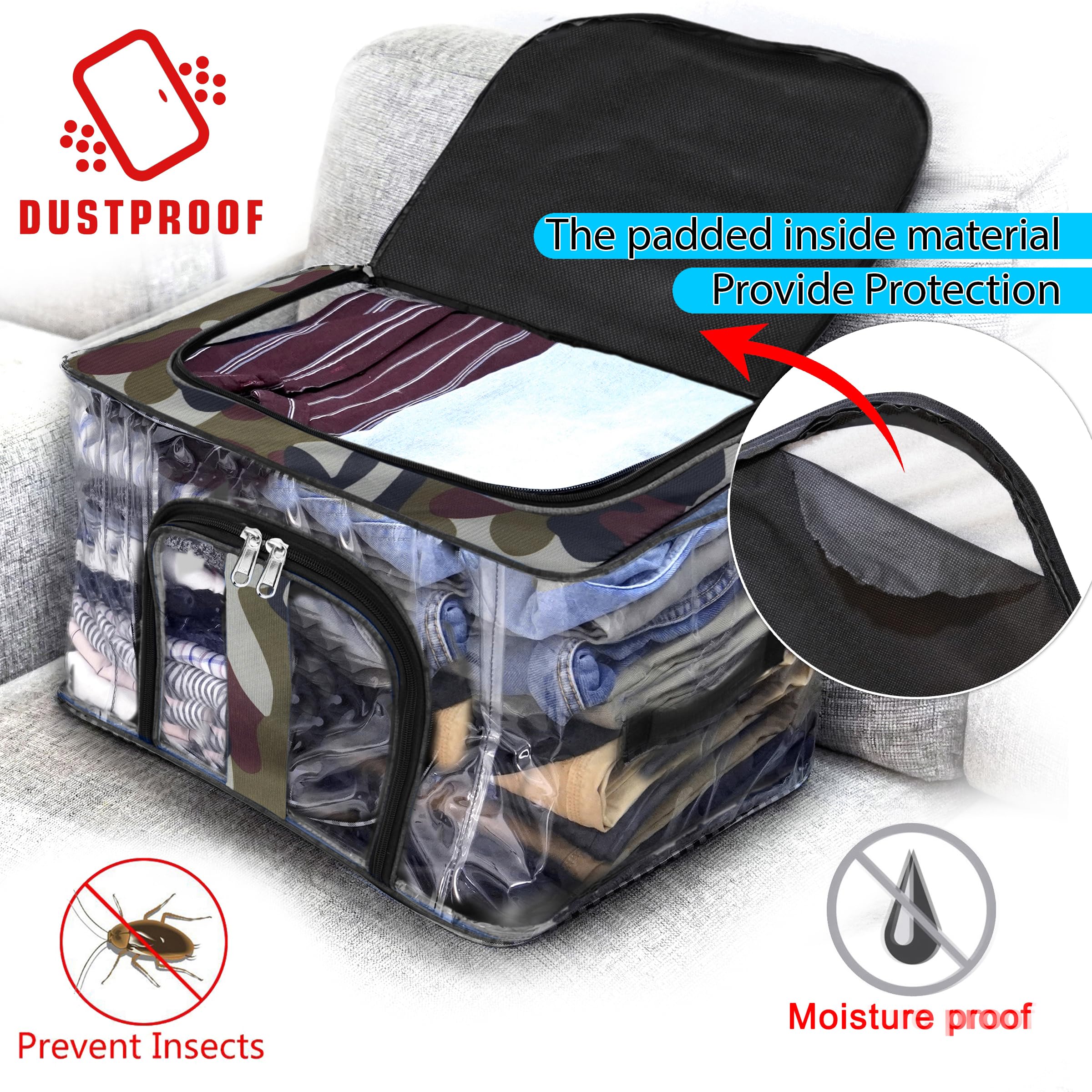 Storite 4 Pack Nylon 33 L Military Print Transparent Moisture Proof Storage Box For Clothes Closet Wardrobe Organizer For Clothe