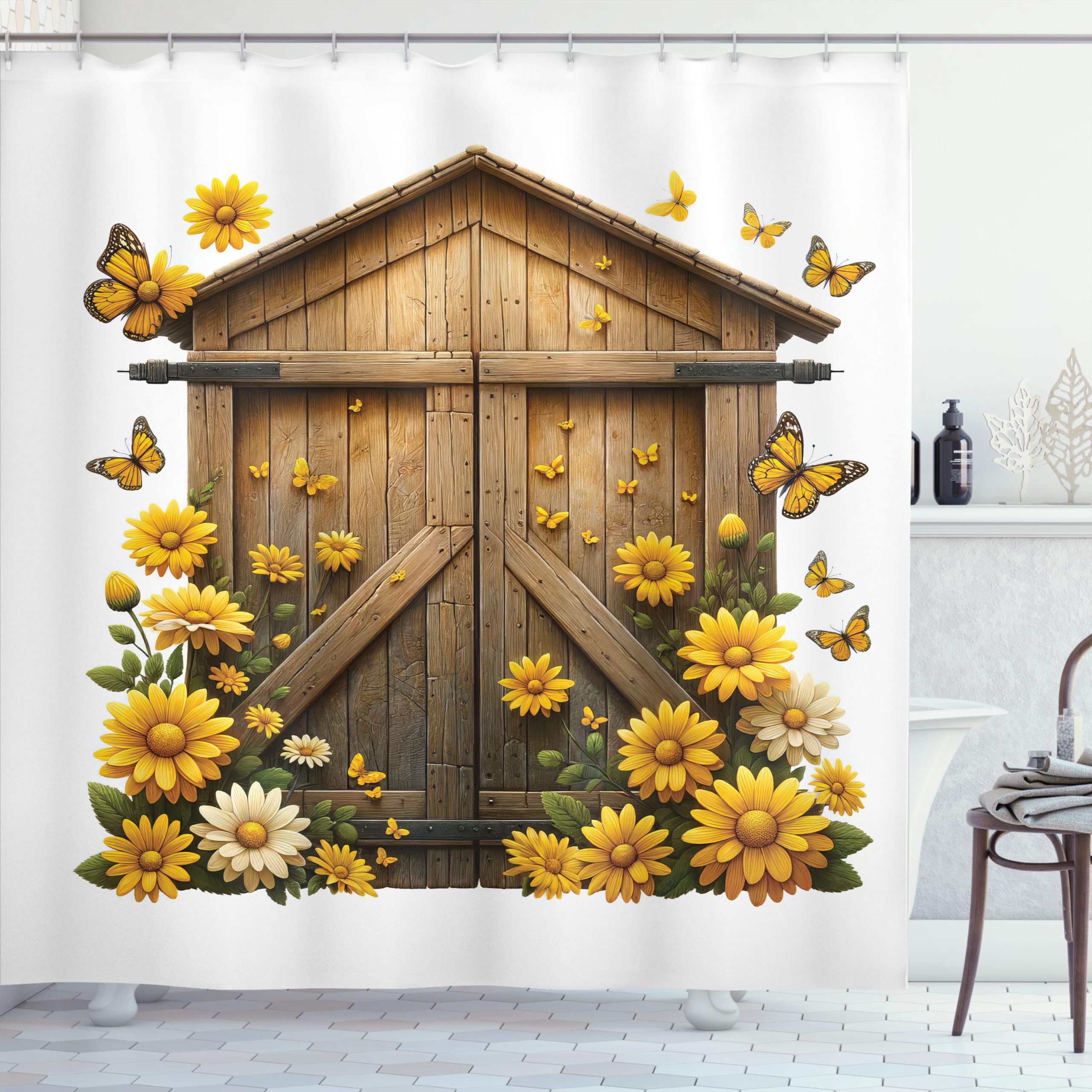 Ambesonne Rustic Shower Curtain, Farmhouse Lover Countryside Wooden Barn Cottage Summer Flowers Butterfly, Cloth Fabric Bathroom