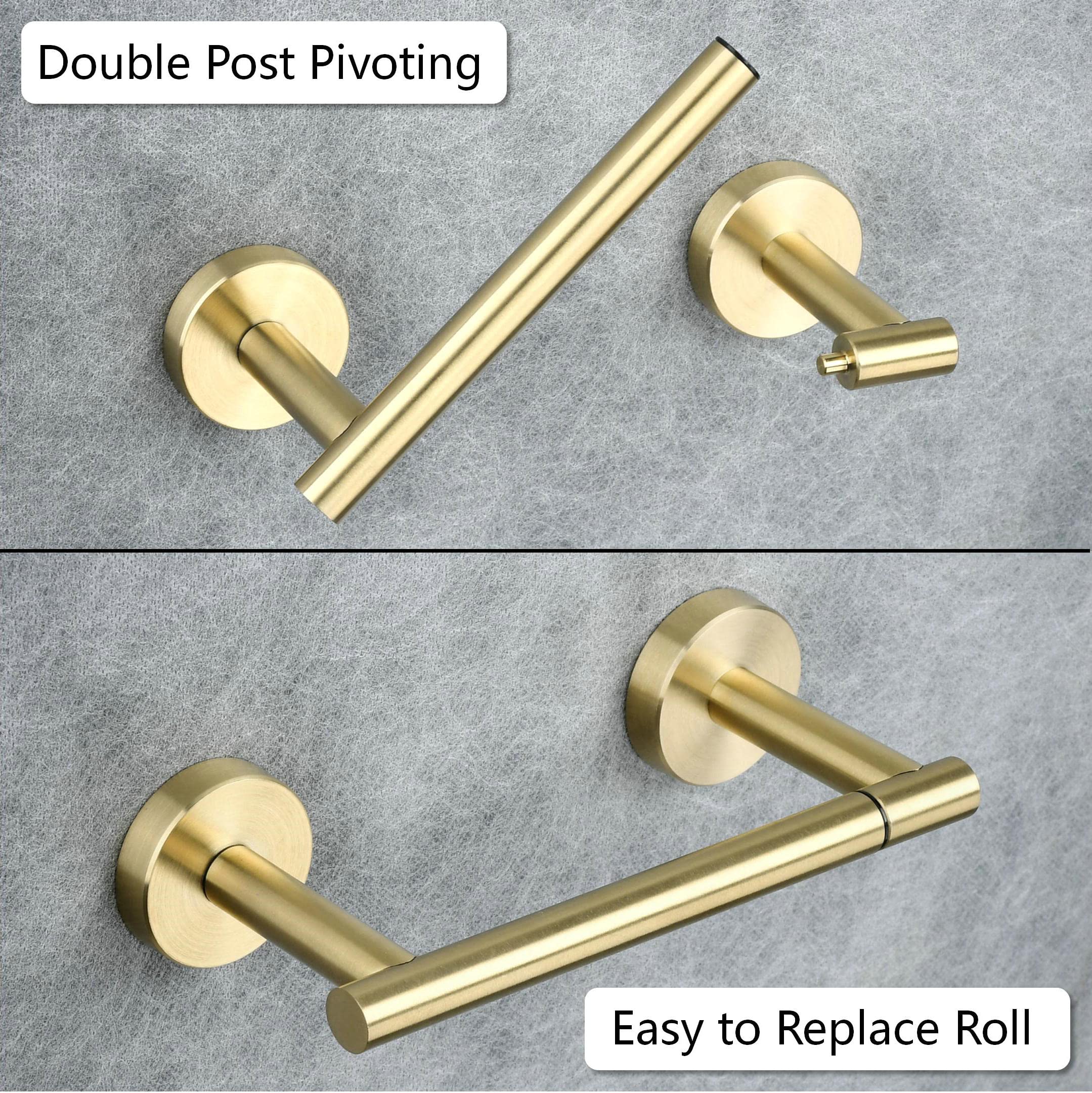 Brushed Gold Toilet Paper Holder For Bathroom, Double Post Pivoting Tissue Roll Holder, Wall Mounted Detachable Tp Holder, Sus30