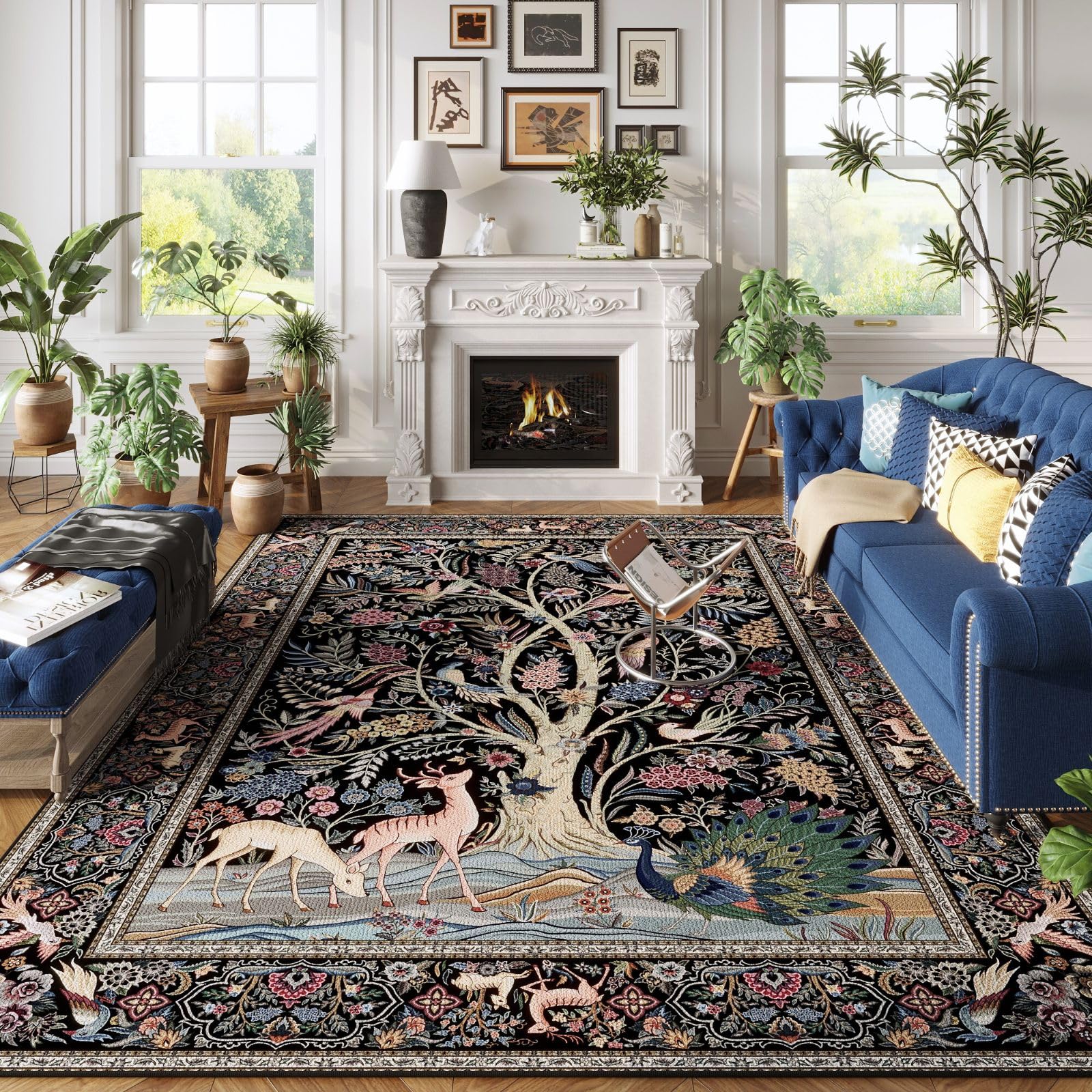 Rugcomf Area Rug 6x9 Vibrant Tree of Life-Patterned Vintage Washable Rug Non Slip Low Pile Large Rug for Living Room Bedroom Far