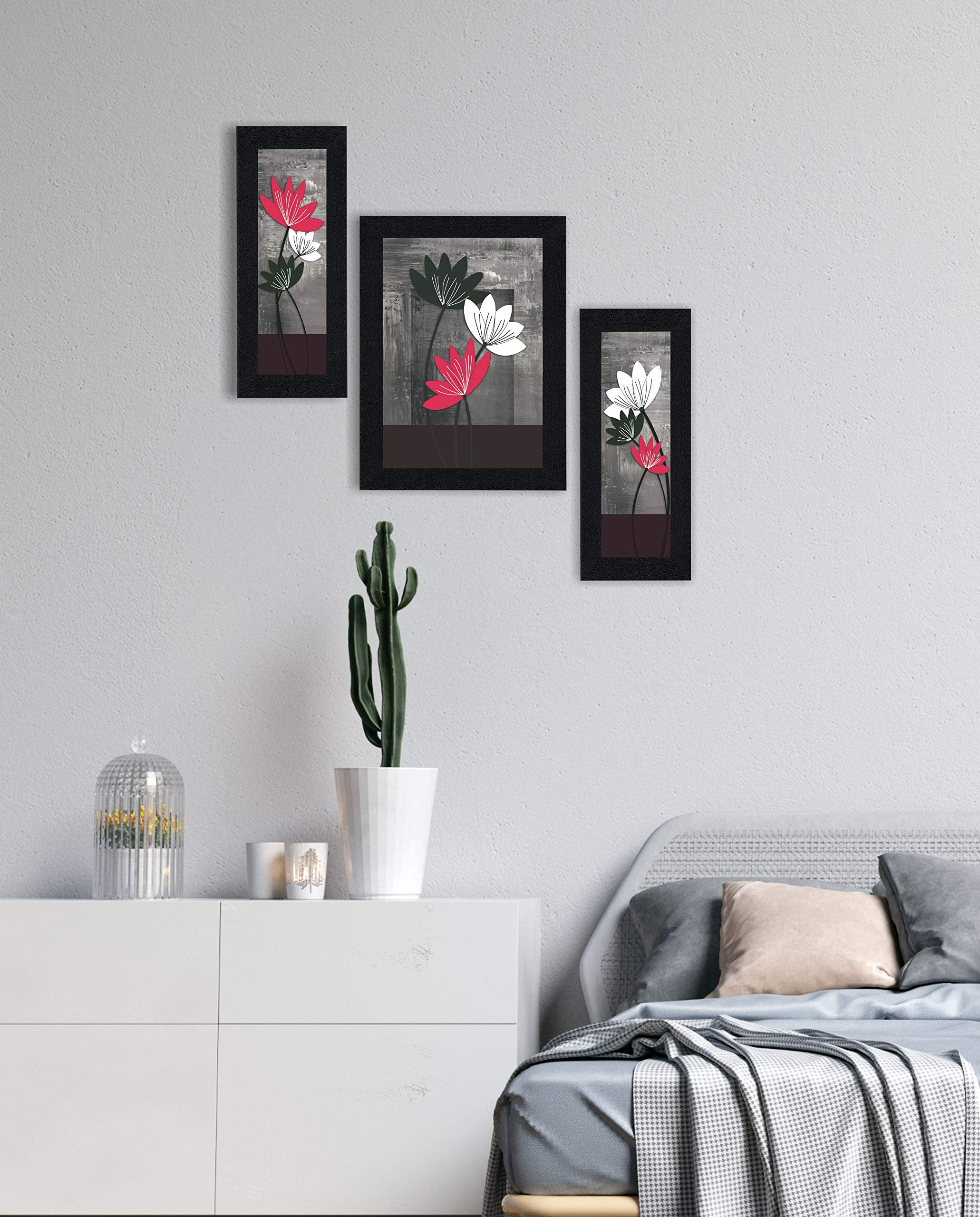 Saf Paintings Uv Textured Flower Print Framed Painting Set Of 3 For Home Decoration - Size 35 X 2 X 50 Cm Sanfs71