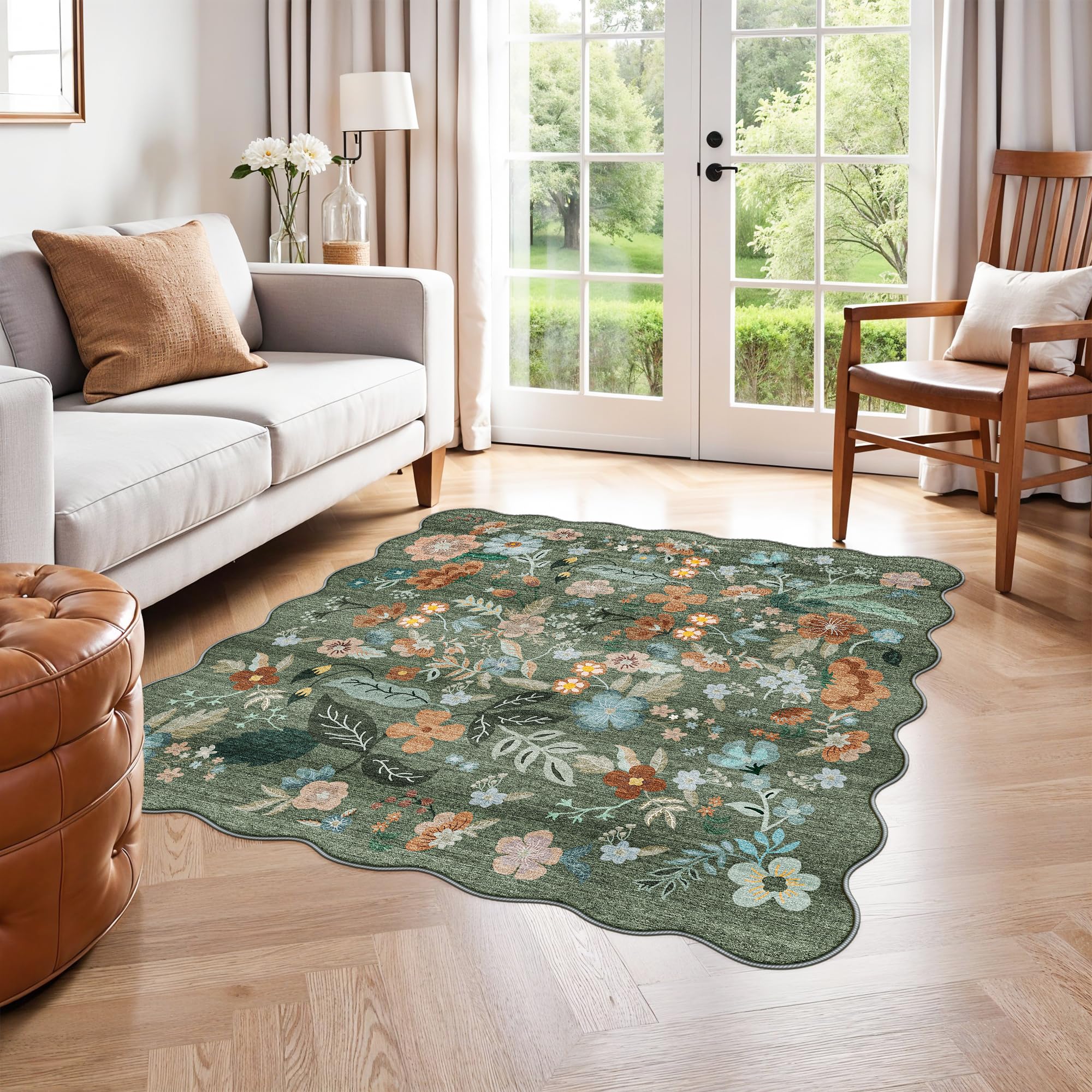 Floral Square Area Rug for Family: Washable 5x5 Scalloped Carpet for Living Room Bedroom Soft Water Resistant Floor Mat with Non