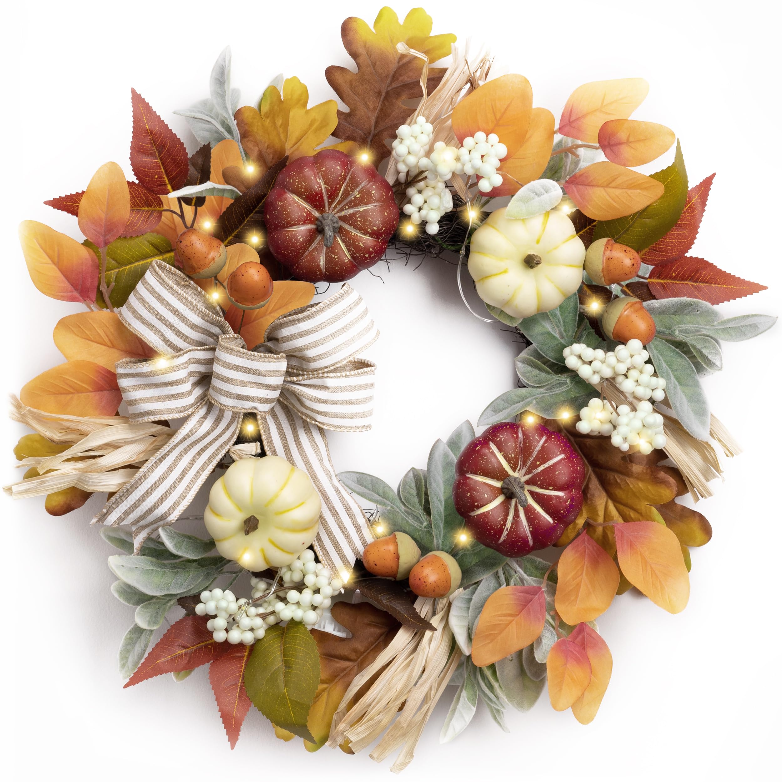 Valery Madelyn Fall Wreaths for Front Door Outside, 18 Farmhouse Autumn Door Wreath with Lights Brown Pumpkins Bow, Outdoor Fa