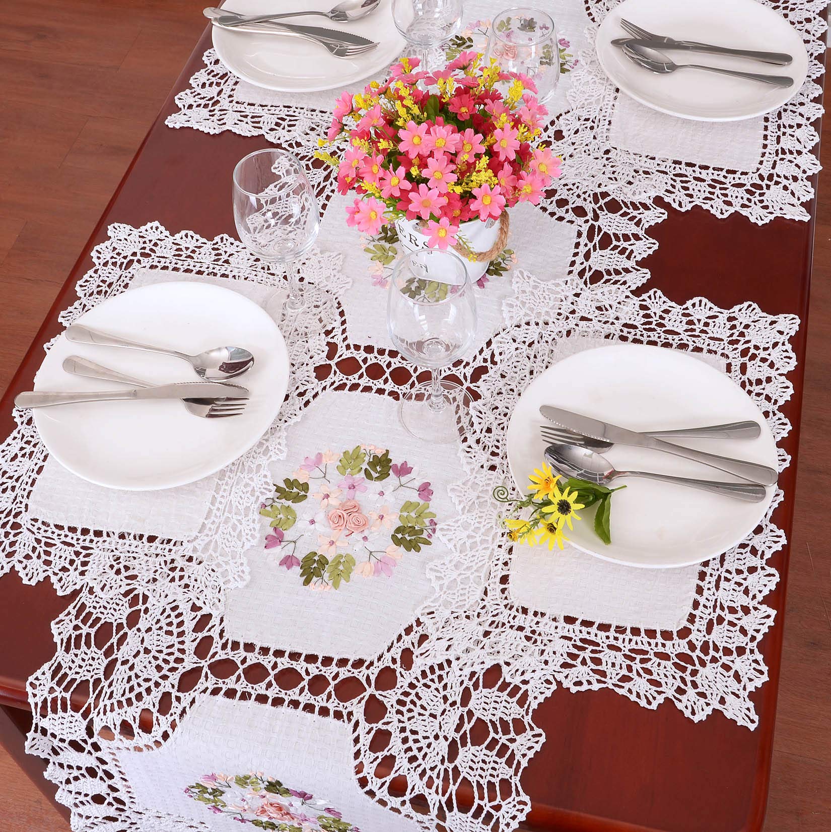 Grelucgo Handmade Crochet Cotton Lace Table Runner Dresser Scarf, Ribbon Embroidery (17 X 72 Inches)