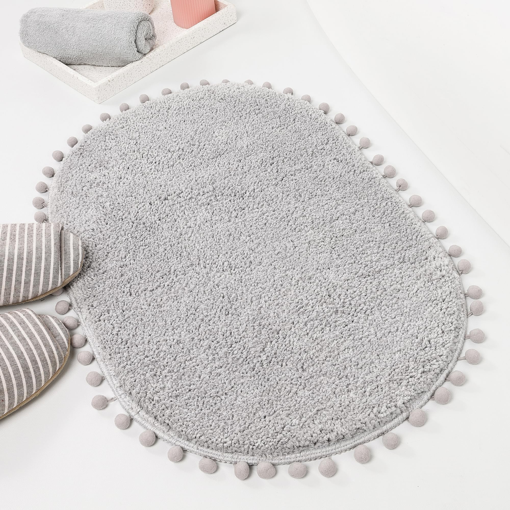 Yirddeo Bath Mat Light Grey Oval Rug With Pom Bathroom Rugs For Bedroom Non Slip Cute Boho Absorbent Mats Soft Plush Washable Ru