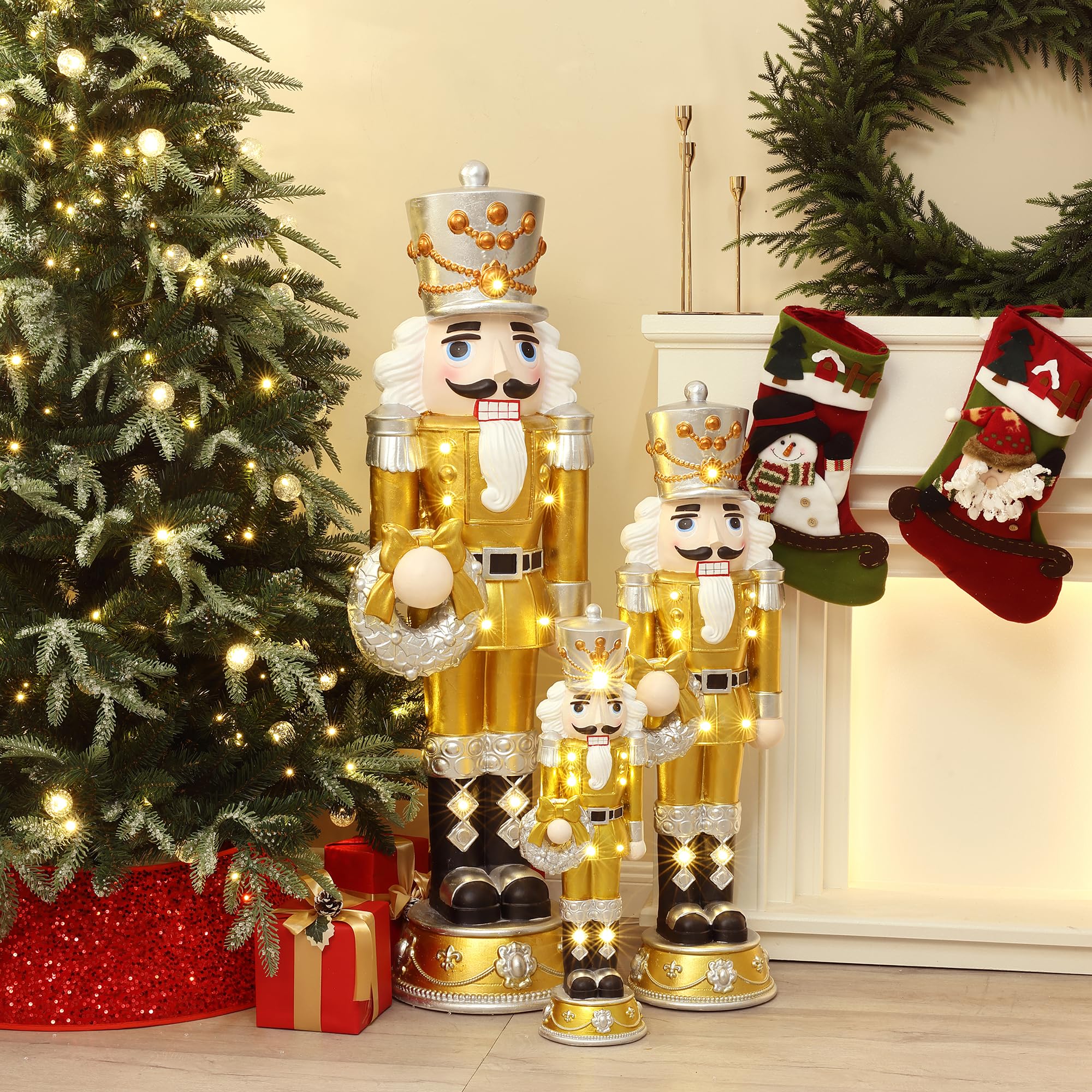 LuxenHome 3FT Tall Nutcracker Christmas Decoration, Elegant Lighted Holiday Nutcracker Soldier Statue with Wreath, Christmas Dec