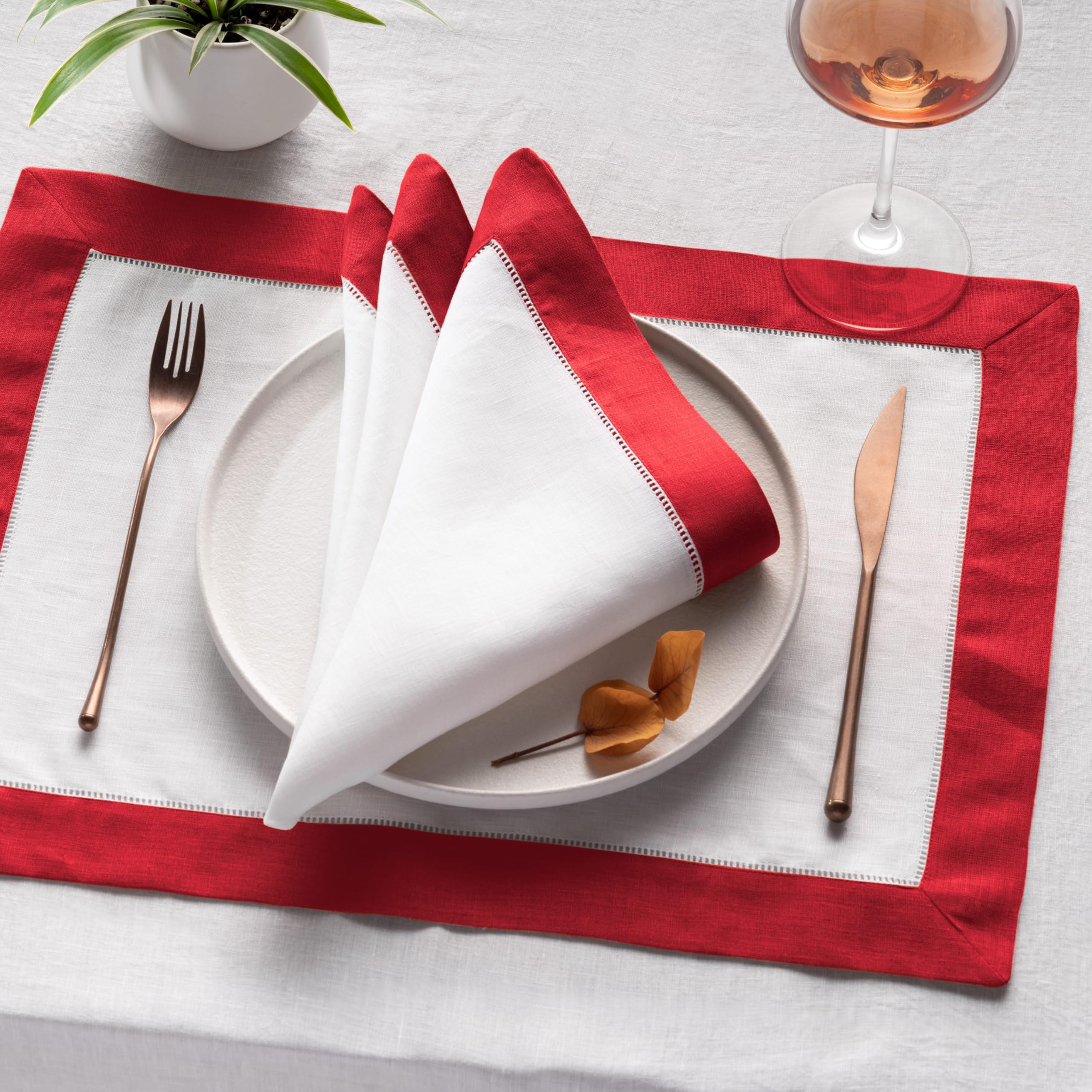 Linen Placemats Set Of 4-100% Flax Linen White And Red Placemats 14 X 19 Inch - Classic Hemstitch Placemats Washable For Fall, H