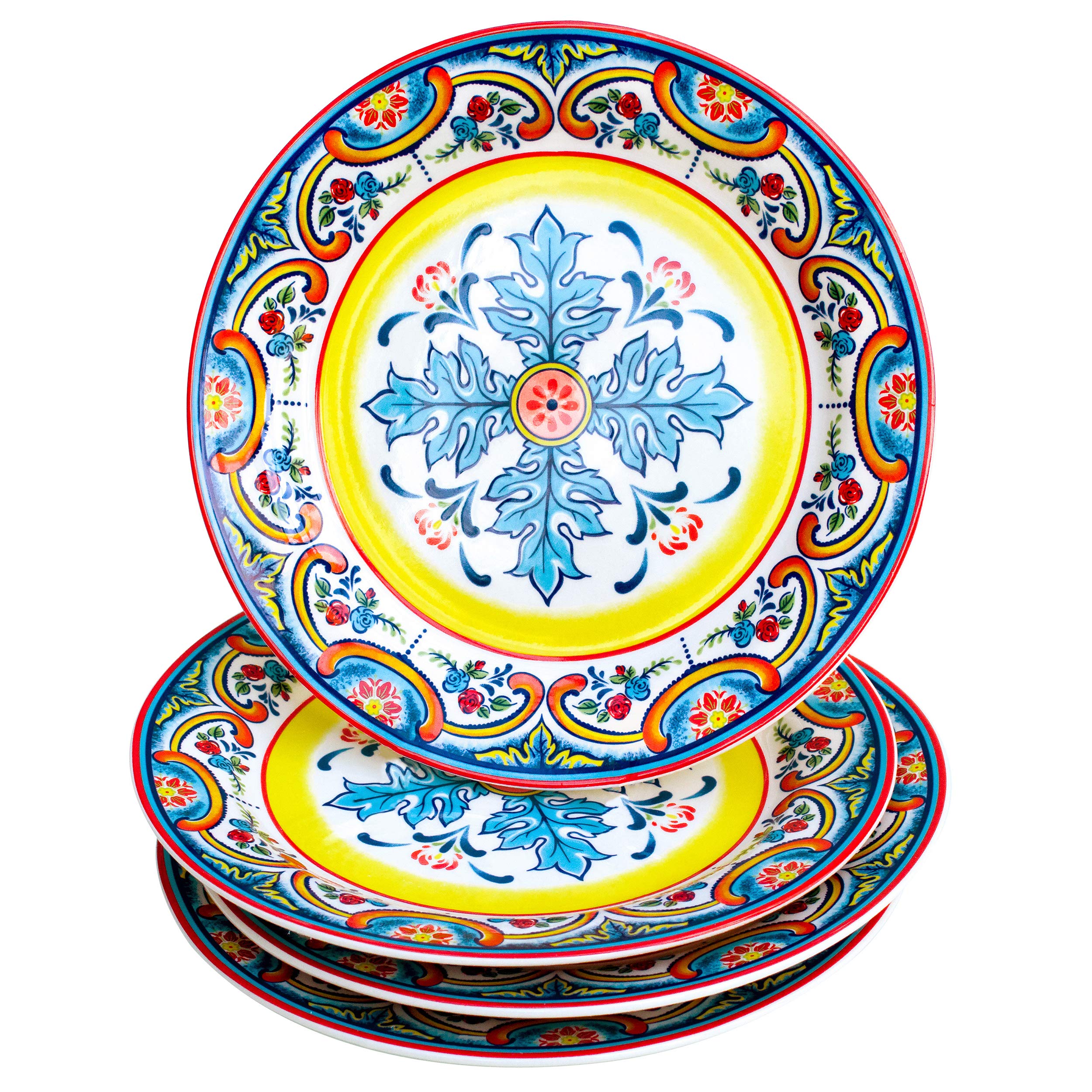 Euro Ceramica Zanzibar Collection Vibrant 8.7'' Ceramic Salad/Dessert Plates, Set Of 4, Spanish Floral Design, Multicolor