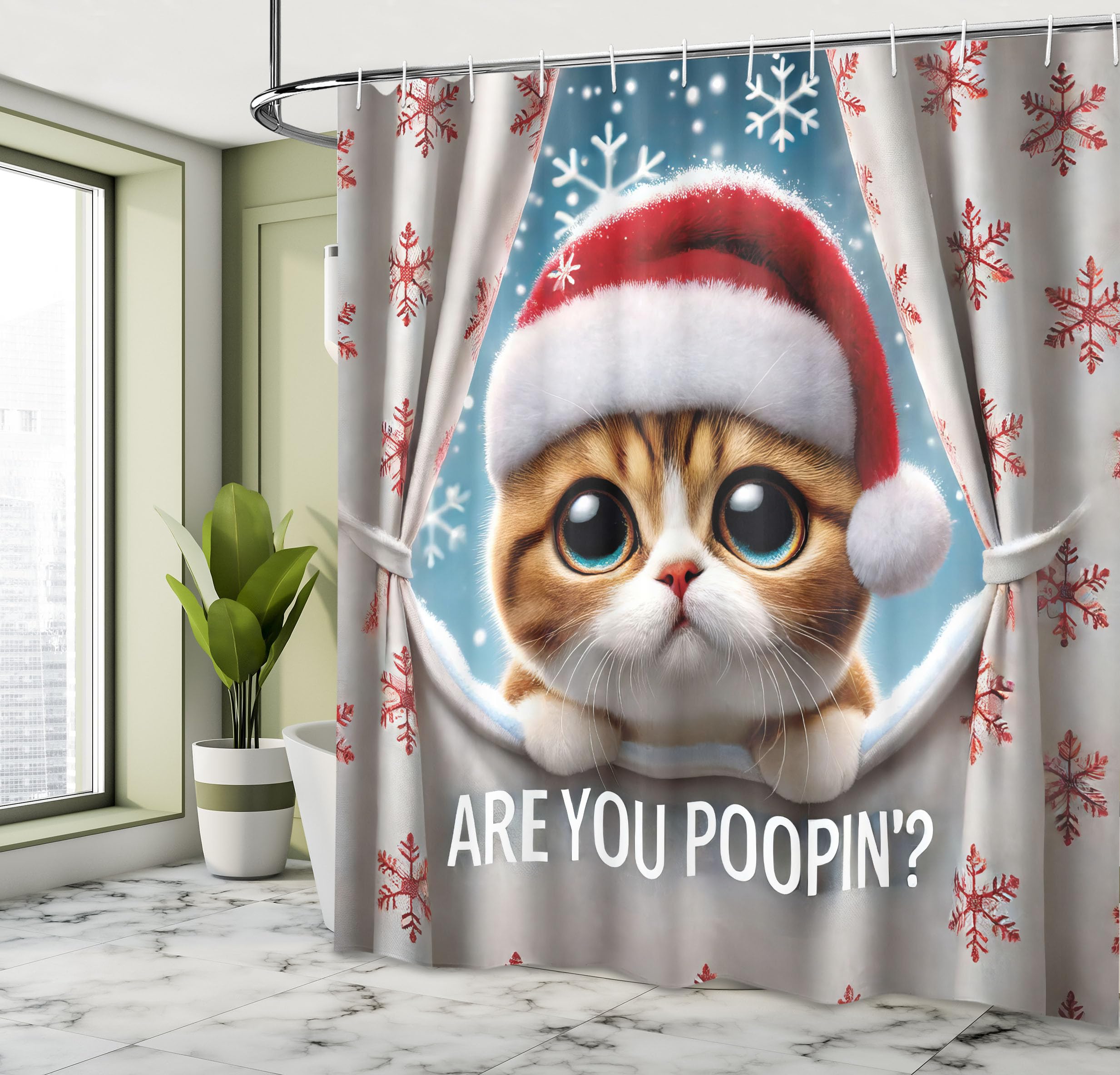 Ambesonne Christmas Shower Curtain, Curious Kitten With Xmas Hat Asks Are You Poopin With Falling Snowflakes, Cloth Fabric Bathr