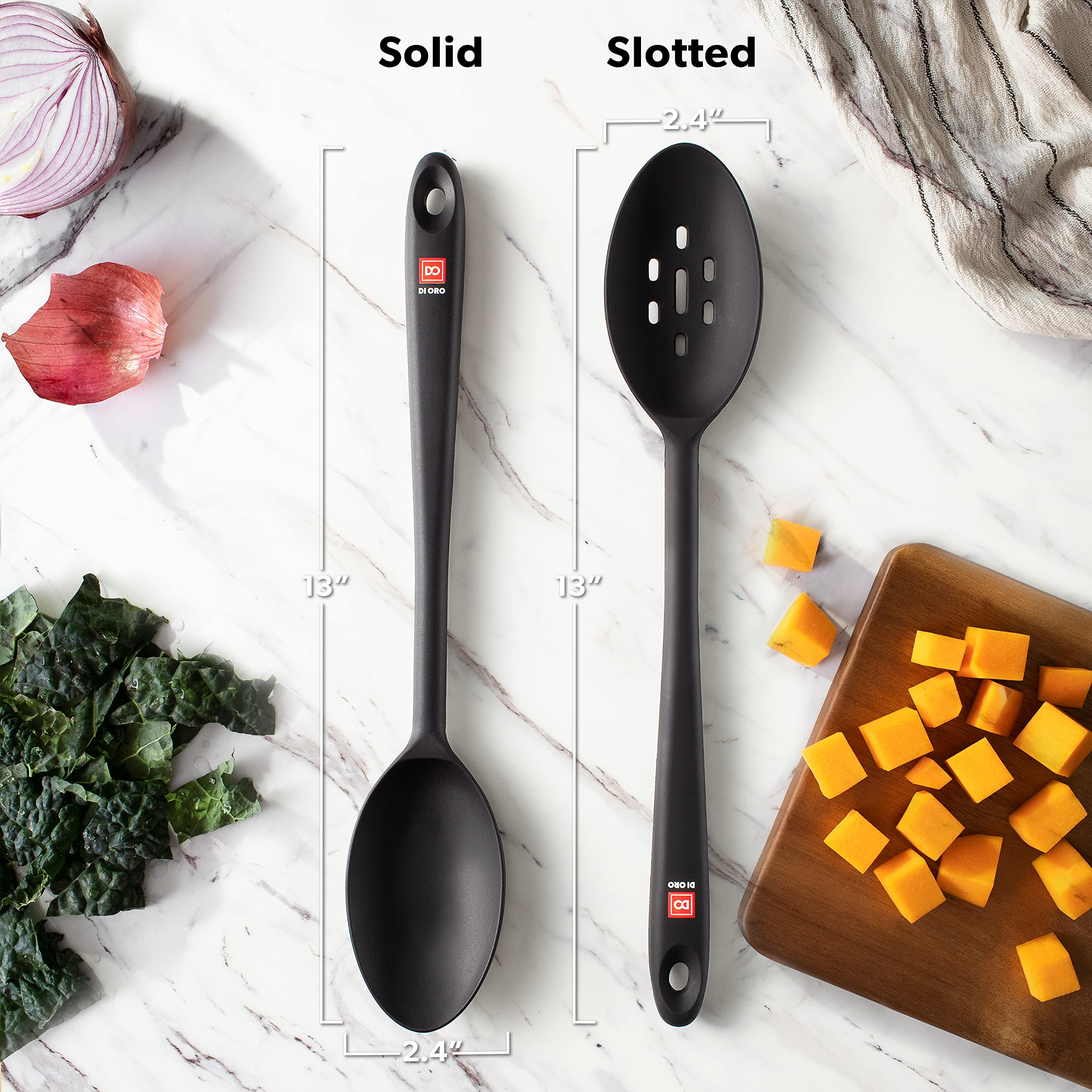 Di Oro Silicone Spoons For Cooking - Large Kitchen Spoons For Mixing, Serving, & Stirring - 600F Heat-Resistant Non Stick Utensi