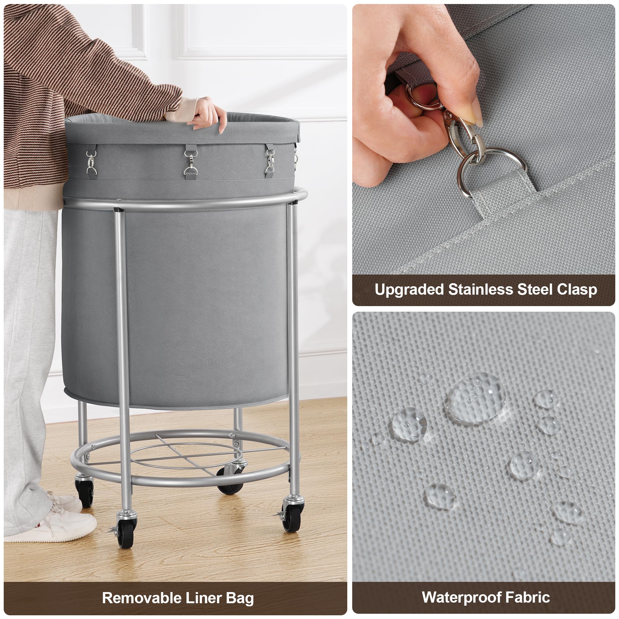 Elyken Laundry Basket With Wheels, 45 Gallons Rolling Laundry Hamper With Removable Bag And Steel Frame, Round Laundry Cart With