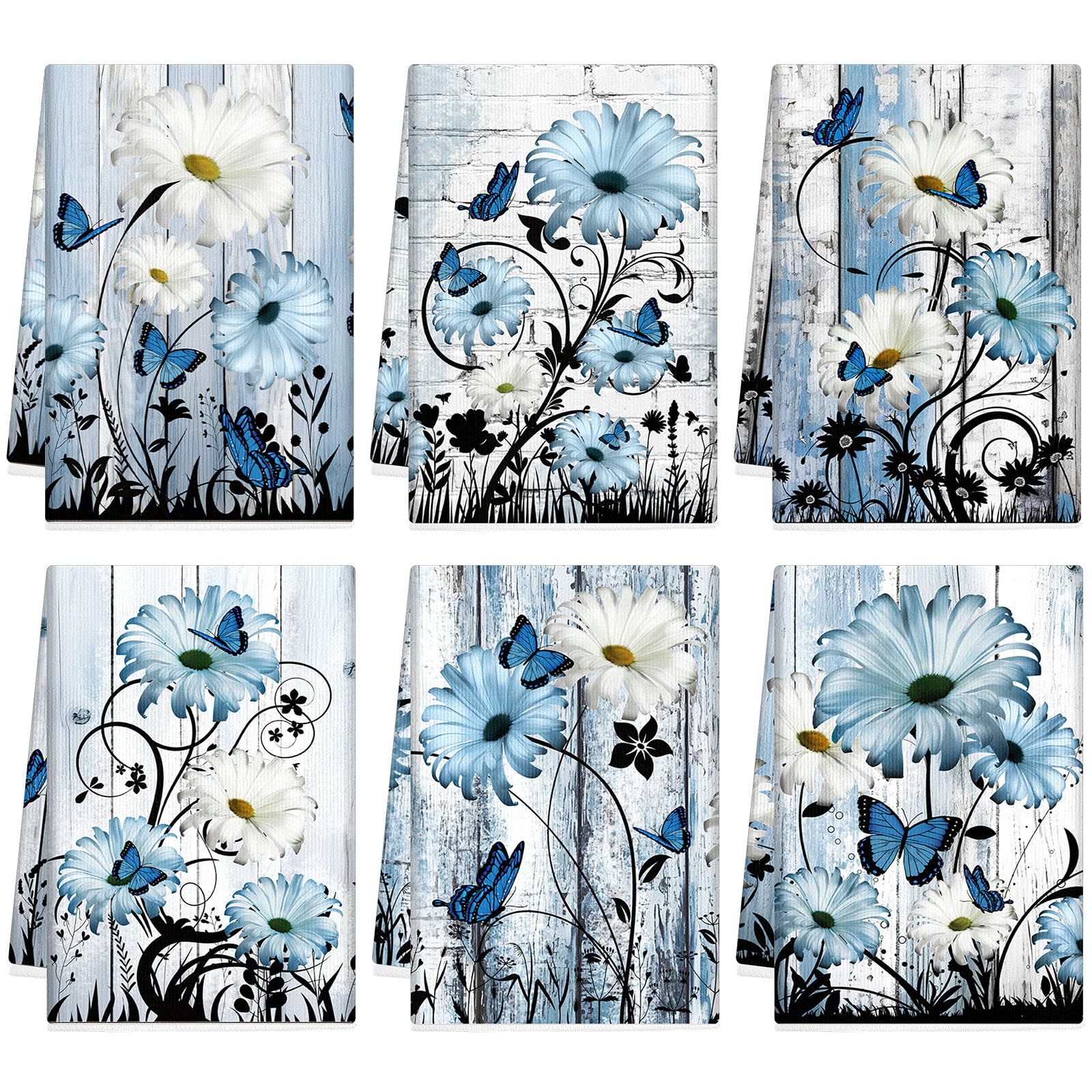 Breling Set of 6 Blue Daisy Kitchen Towel Vintage Themed Dish Towel Bathroom Decorative Rustic Tea Cloths for Kitchen Bathroom H