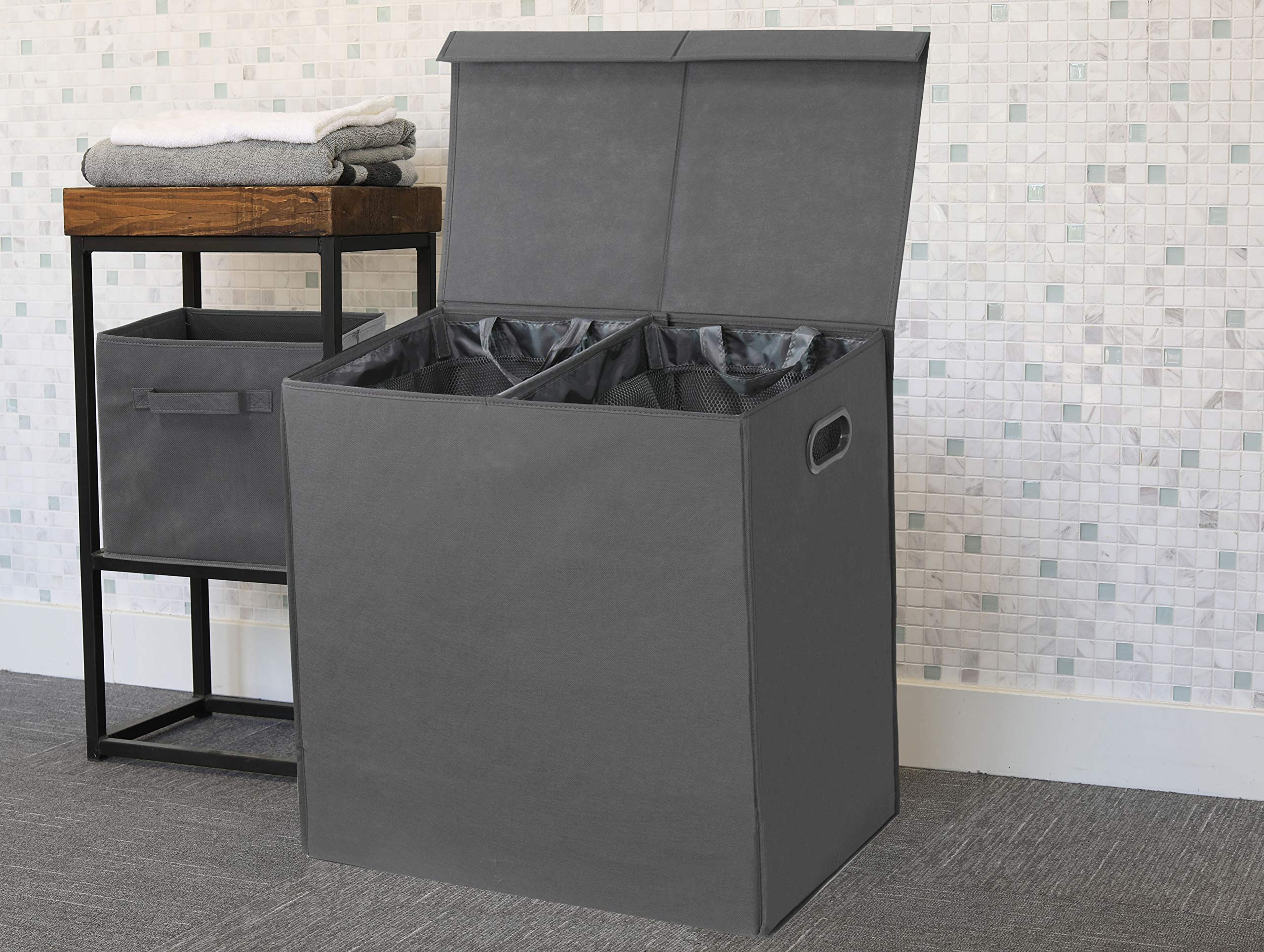 Simple Houseware Double Laundry Hamper With Lid And Removable Laundry Bags, Dark Grey