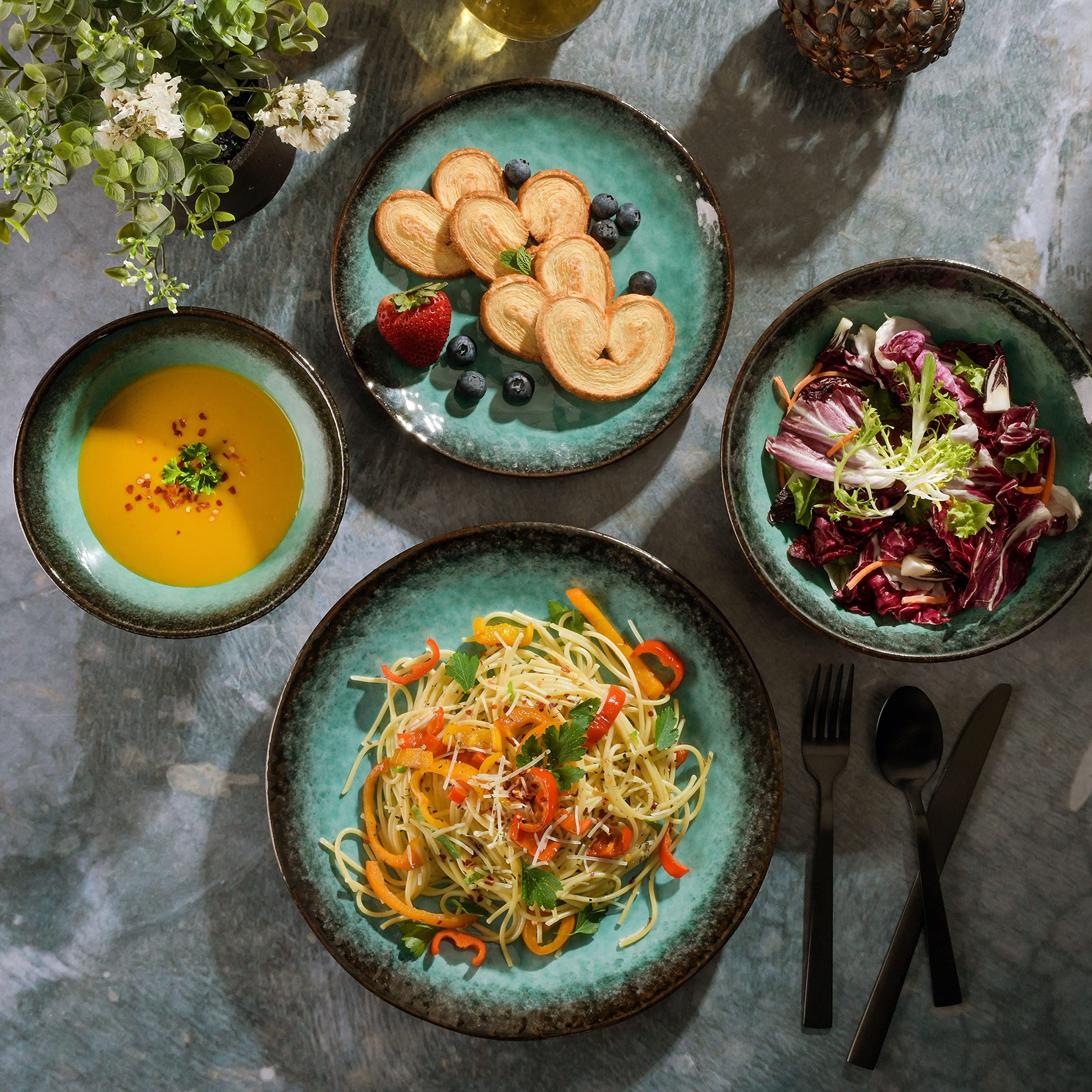 Gibson Elite Double Bowl Dinnerware Set, Service for 4 (16pcs), Stoneware, Teal & Soft Gray, Green Lantern Model 123471.16RM