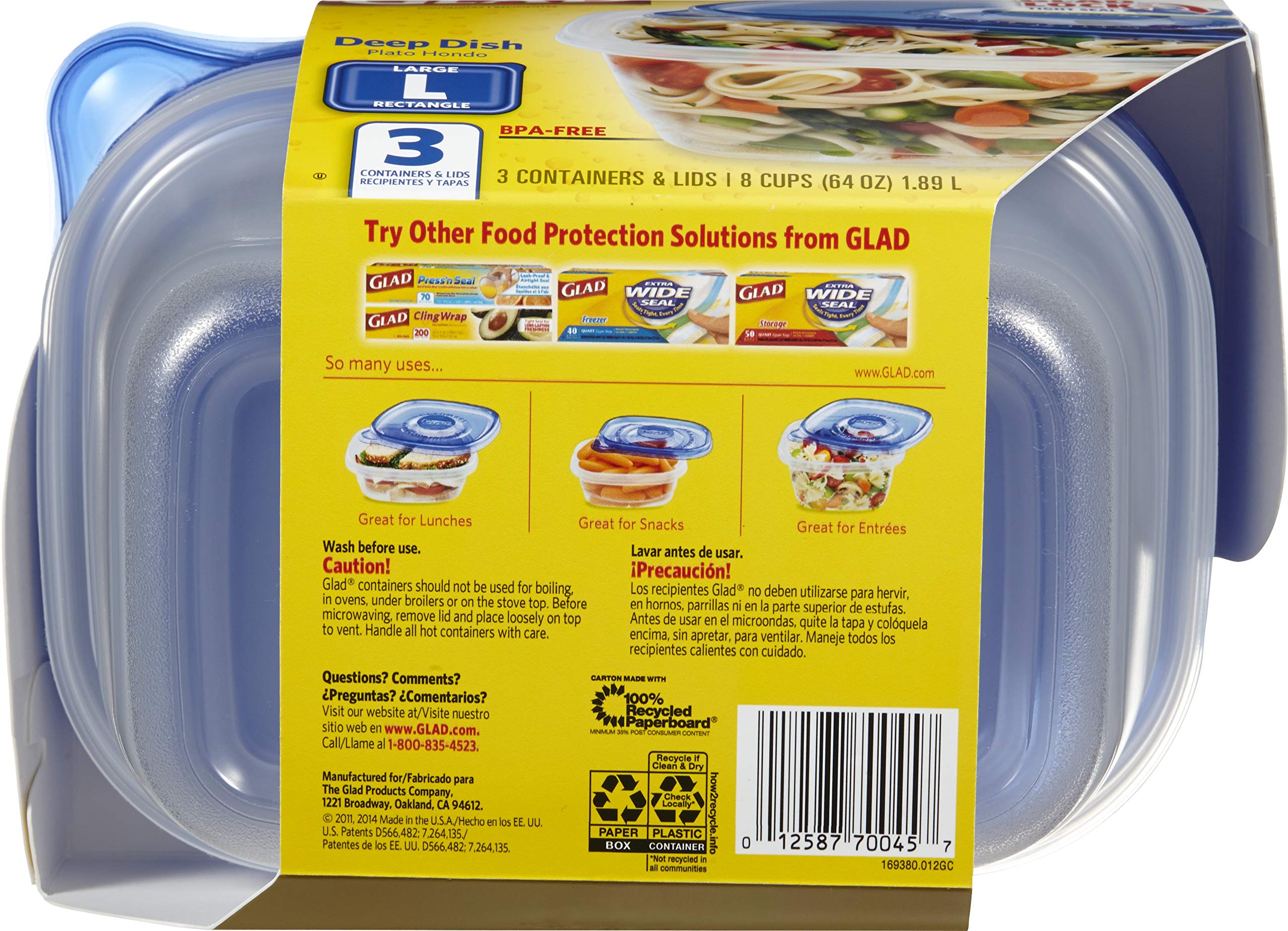 GladWare Deep Dish Food Storage Containers, 64 oz, Plastic, 3 Count, Lock Tight Seal, Large Rectangle