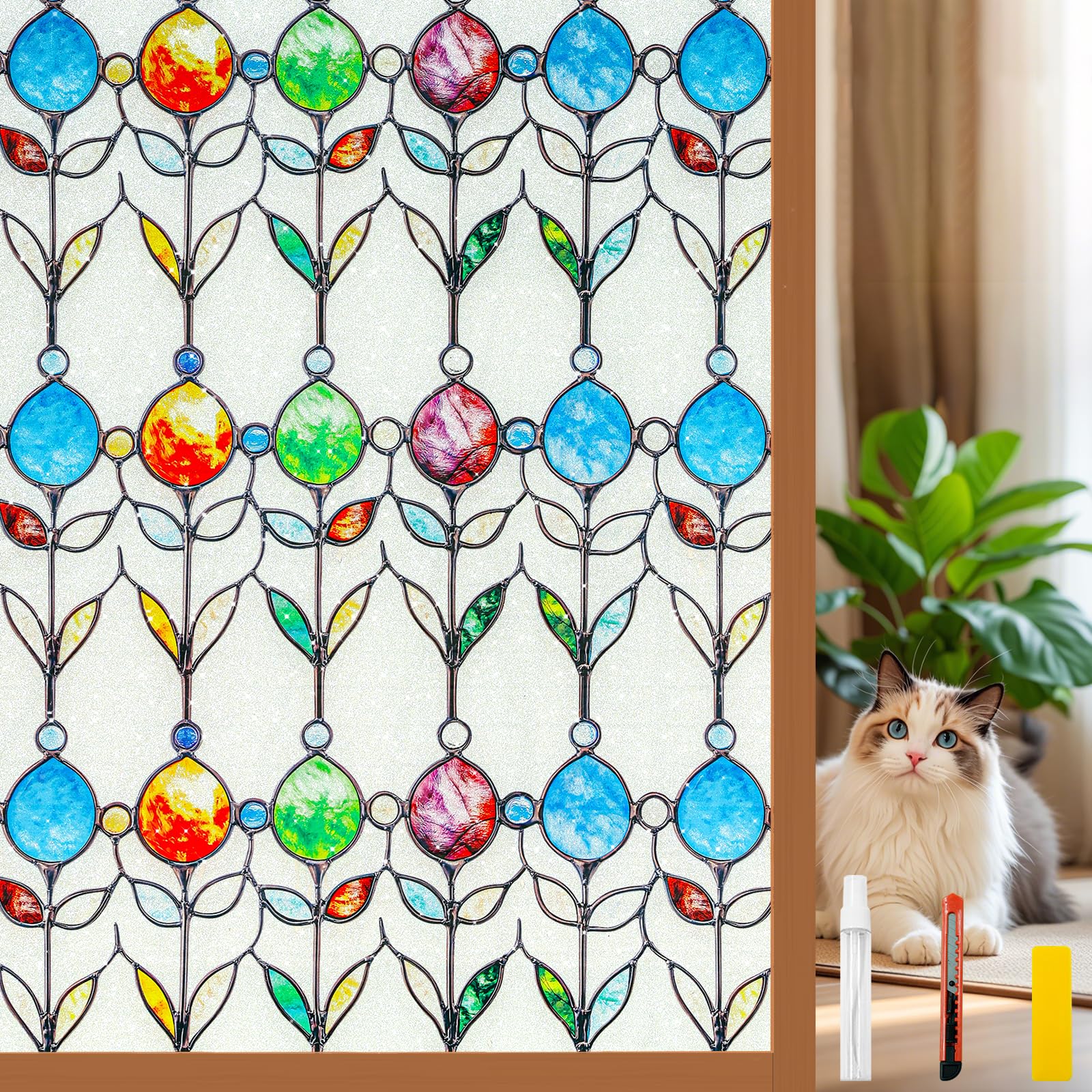 Countewol Frosted Privacy Window Film Stained Glass Style Adhesive-Free Residue-Free Reusable Easy to Install with Tools (Froste