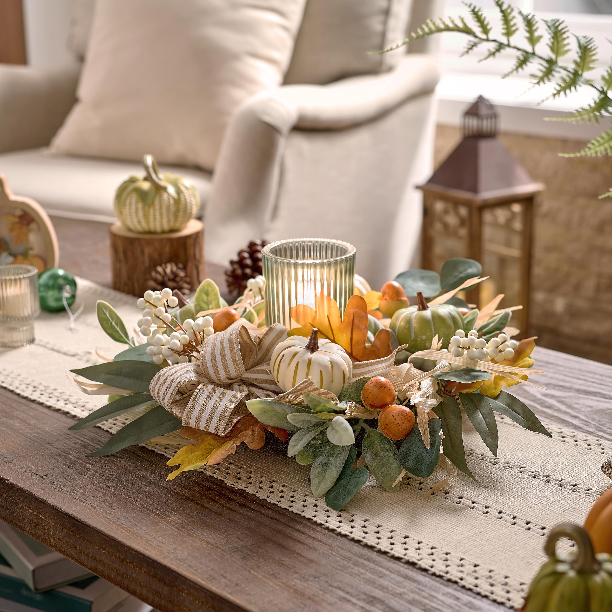 Valery Madelyn Fall Wreaths for Front Door Outside, 18'' Farmhouse Autumn Door Wreath with Lights White Pumpkins Bow, Outdoor Fa