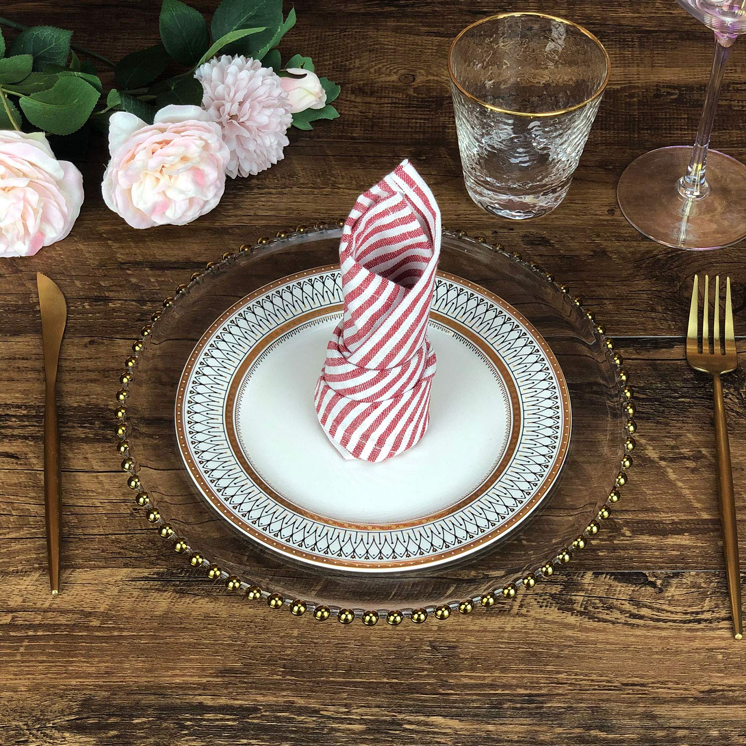Infei Plain Striped Cotton Linen Blended Dinner Cloth Napkins - Set Of 12 (40 X 30 Cm) - For Events & Home Use (Red)