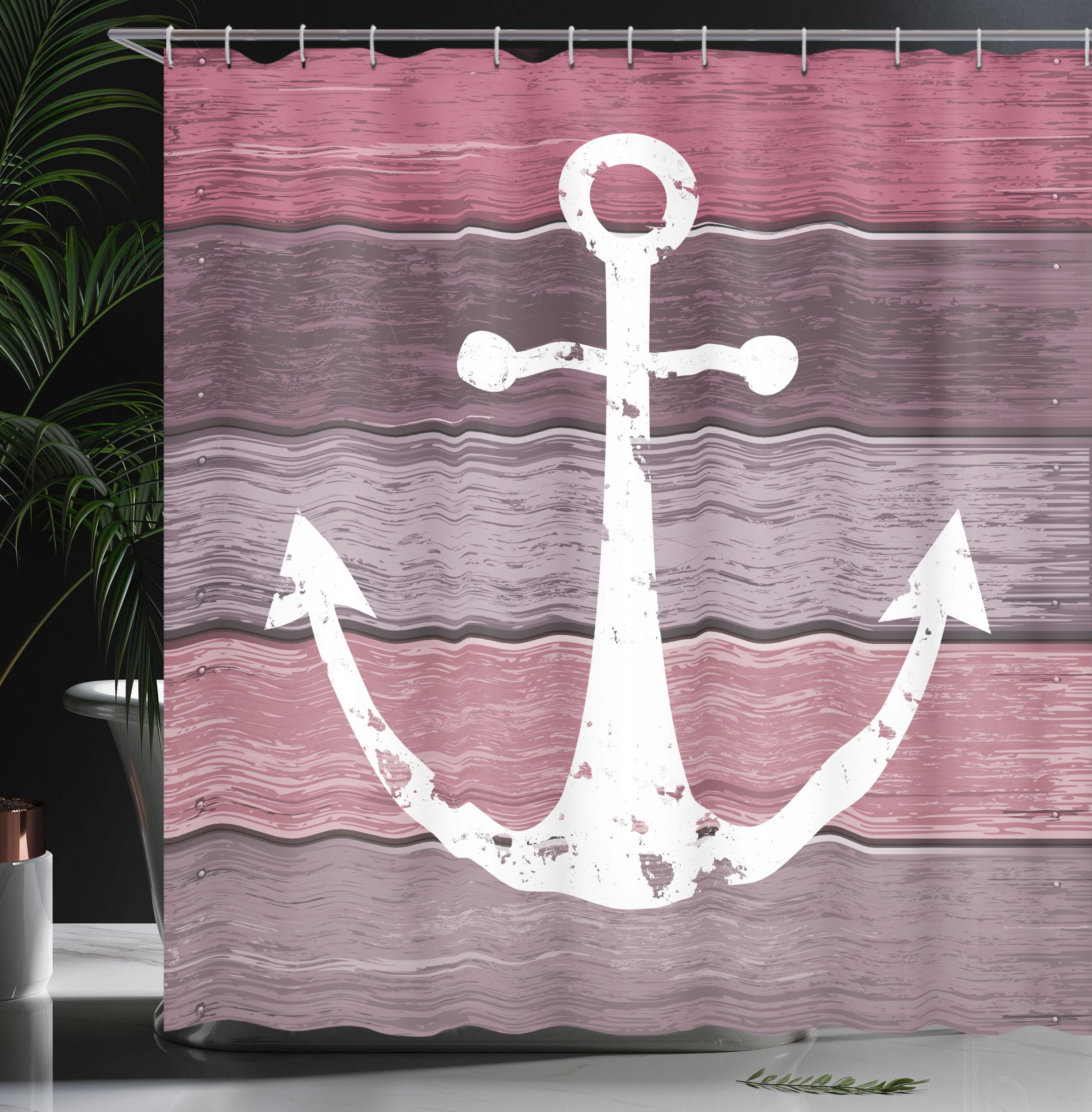 Ambesonne Anchor Shower Curtain, Sailor Marine Theme On Wooden Planks In Rustic Pinkish Tones Drawing Picture, Fabric Decor For