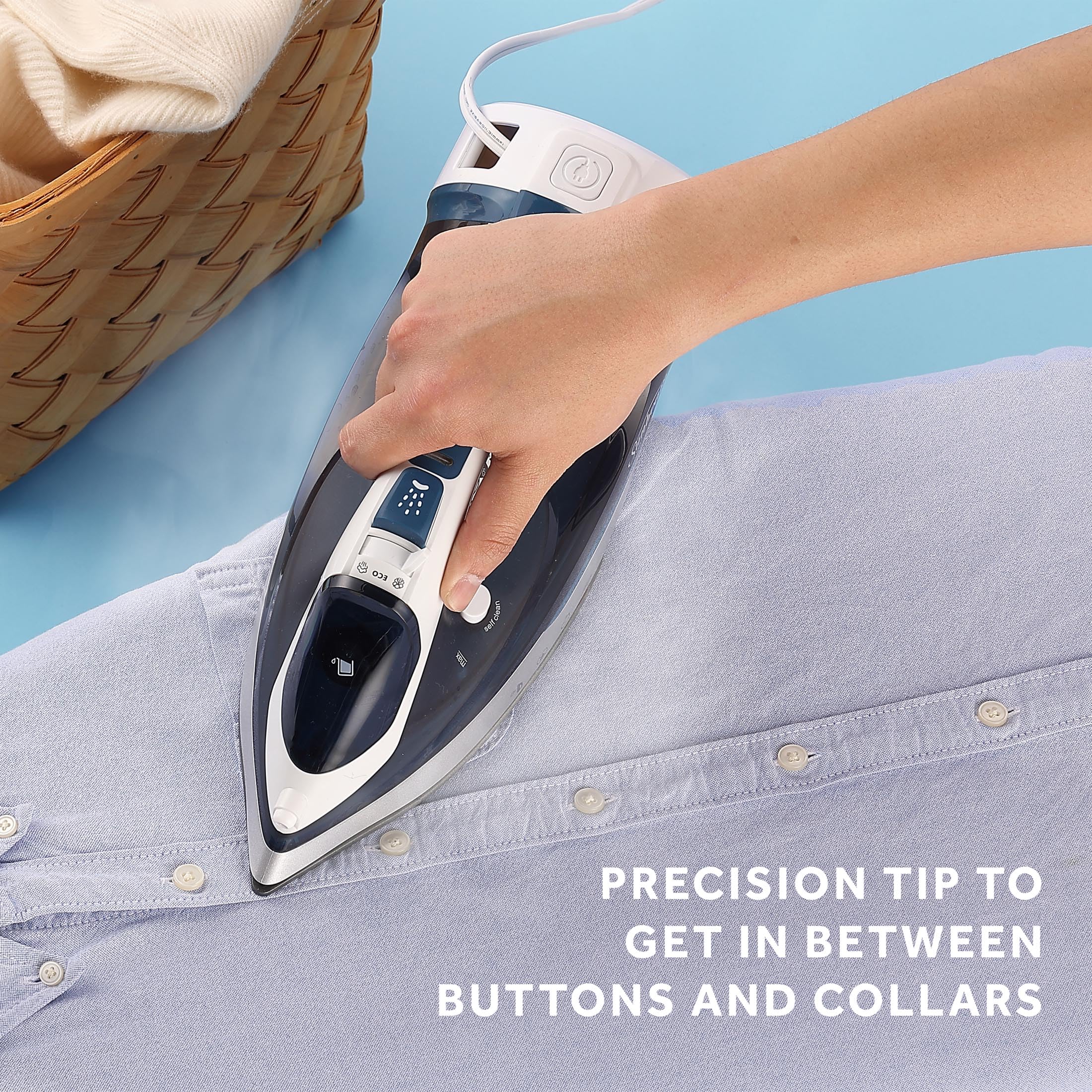 Sunbeam 1700W Steam Iron with Retractable Cord, Non-Stick Soleplate, Dual Spray Mist, 3-Way Auto-Off, Blue/White, Model 32610050