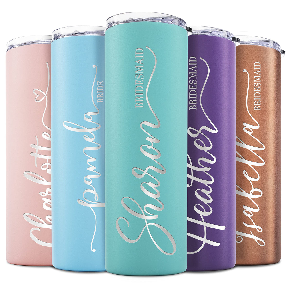 Lily'S Atelier Bridesmaid Gifts Set Of 5, Personalized Bridesmaid Tumbler W/Name And Title - 8 Vivid Colors, 5 Designs - 20 Oz E