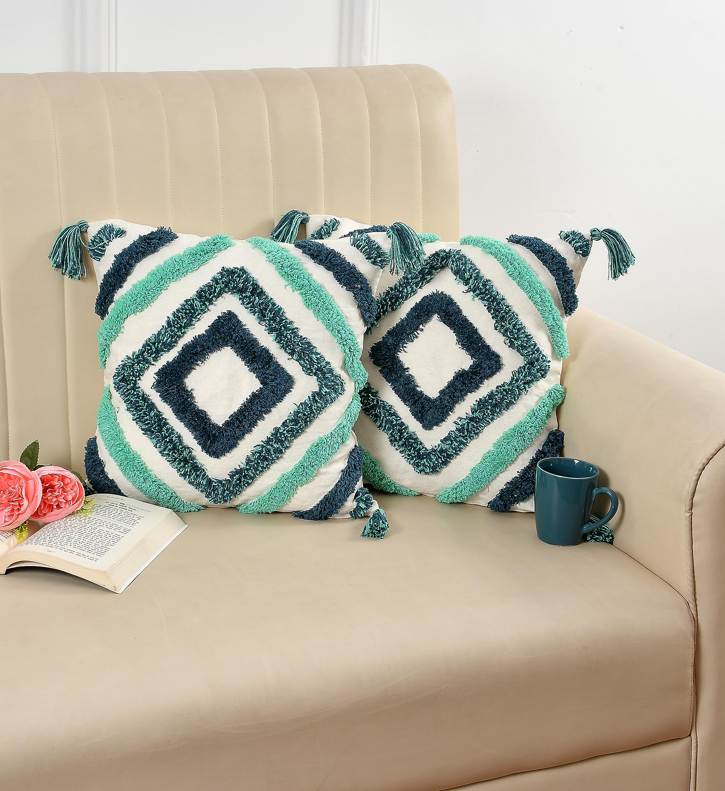 Wisdom Decor Sofa Cushion Cover Cotton For Living Room Couch Soft Pillow Cover (16 X 16, Green Diamound) Pack Of 2