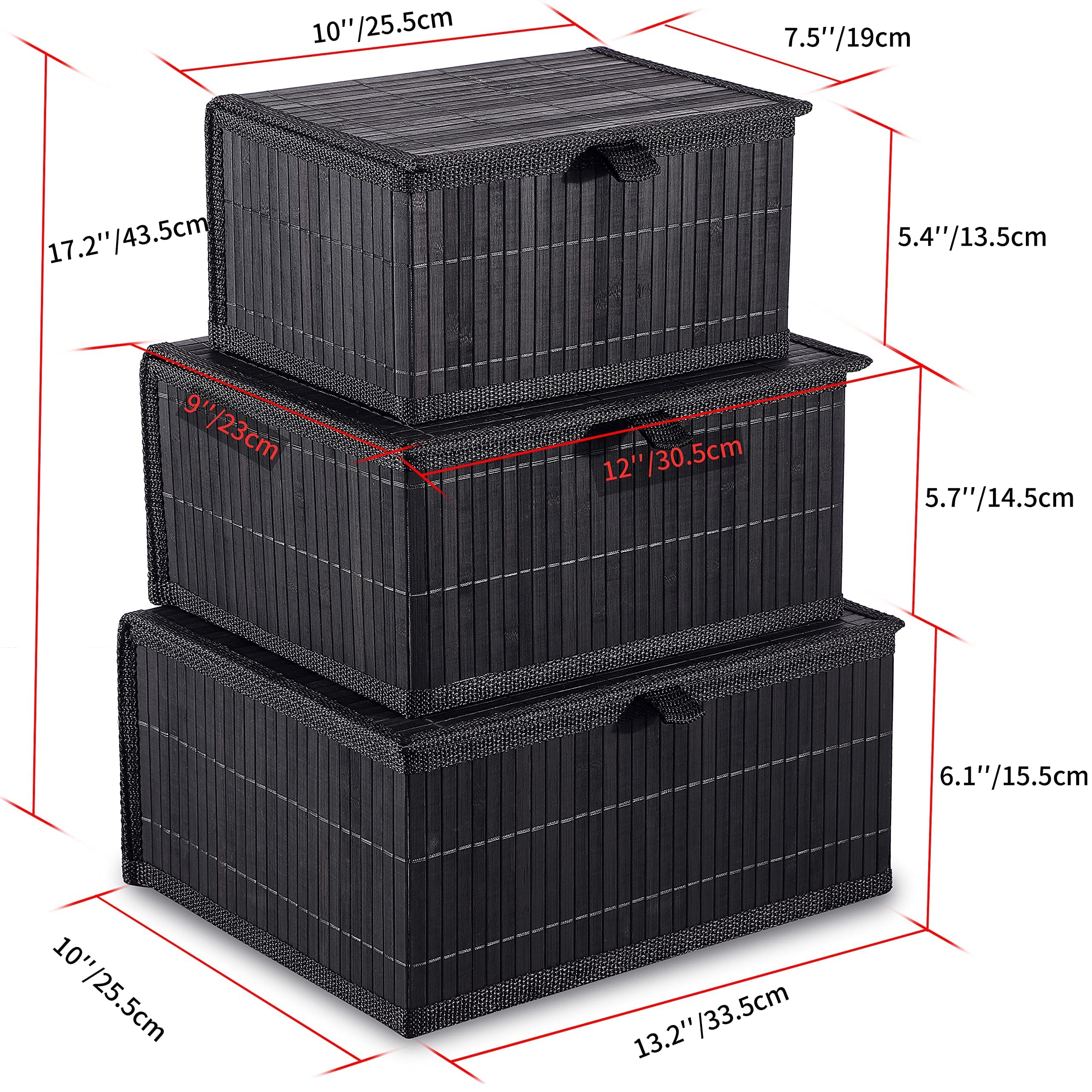 Honygebia Bamboo Decorative Storage Boxes - Set Of 3 Woven Lined Storage Basket With Lids, Black Wicker Lidded Baskets For Home