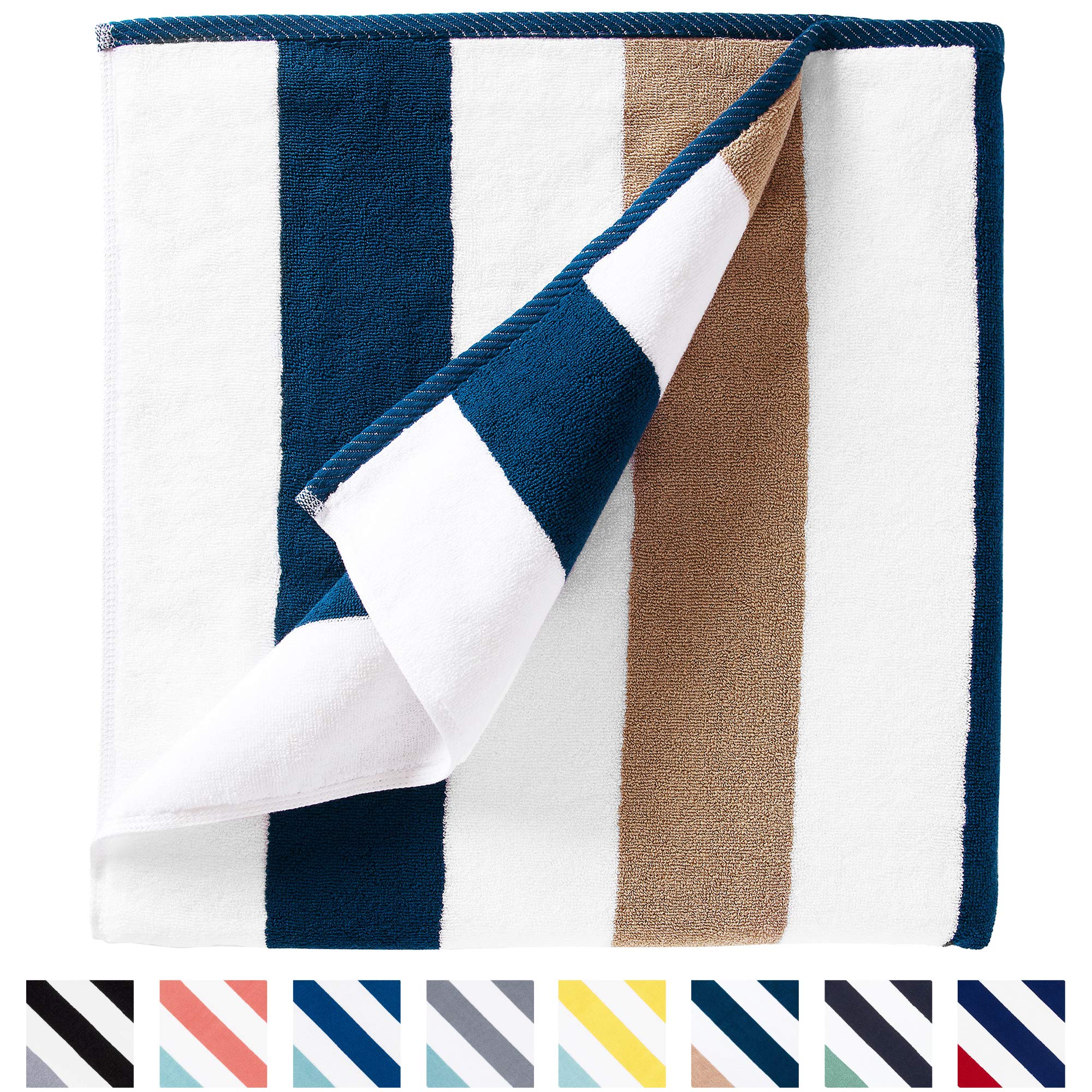 Laguna Beach Textile Co. Striped Cabana Beach Towel - Oversized, Plush 630 Gsm Cotton - Ocean Blue And Almond Beige