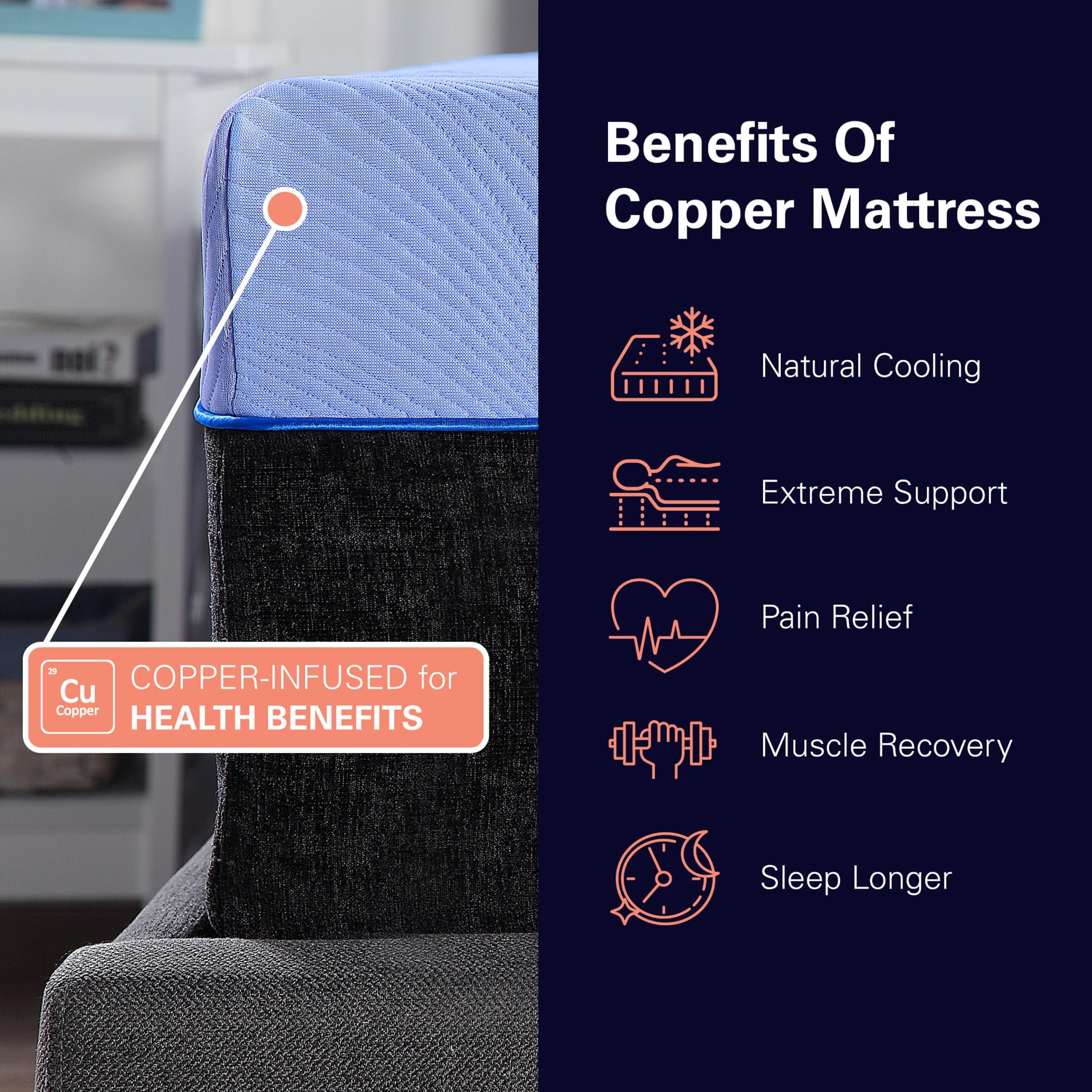 Bridgevine Home Blue Ice Yarn Cool To Touch Hybrid Mattress, Anti-Inflammatory Copper Infused Memory Foam Technology, Adaptive S