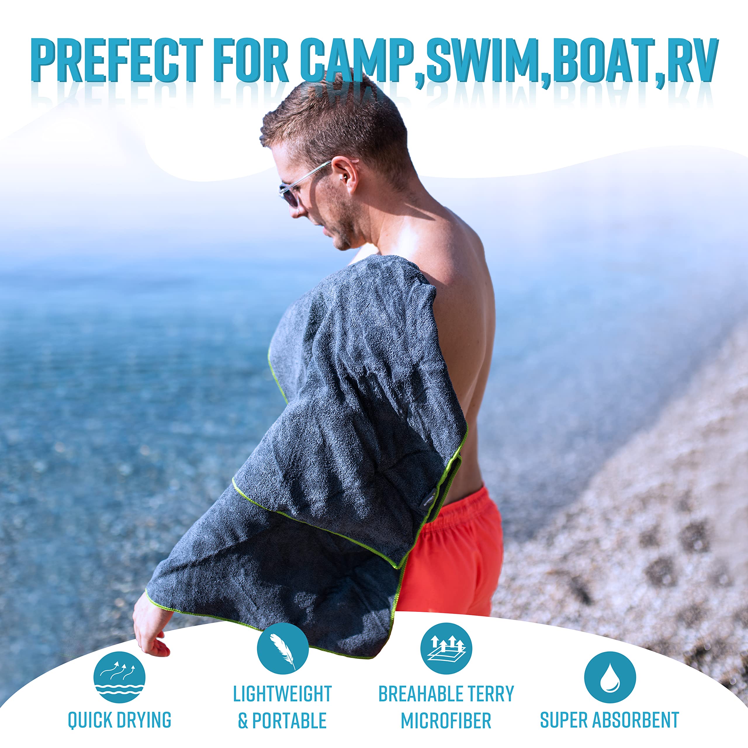 4Monster 4 Pack Microfiber Camping Towel Quick Dry, Super Absorbent Travel Towel With Waterproof Bag, Lightweight Boat Towel For