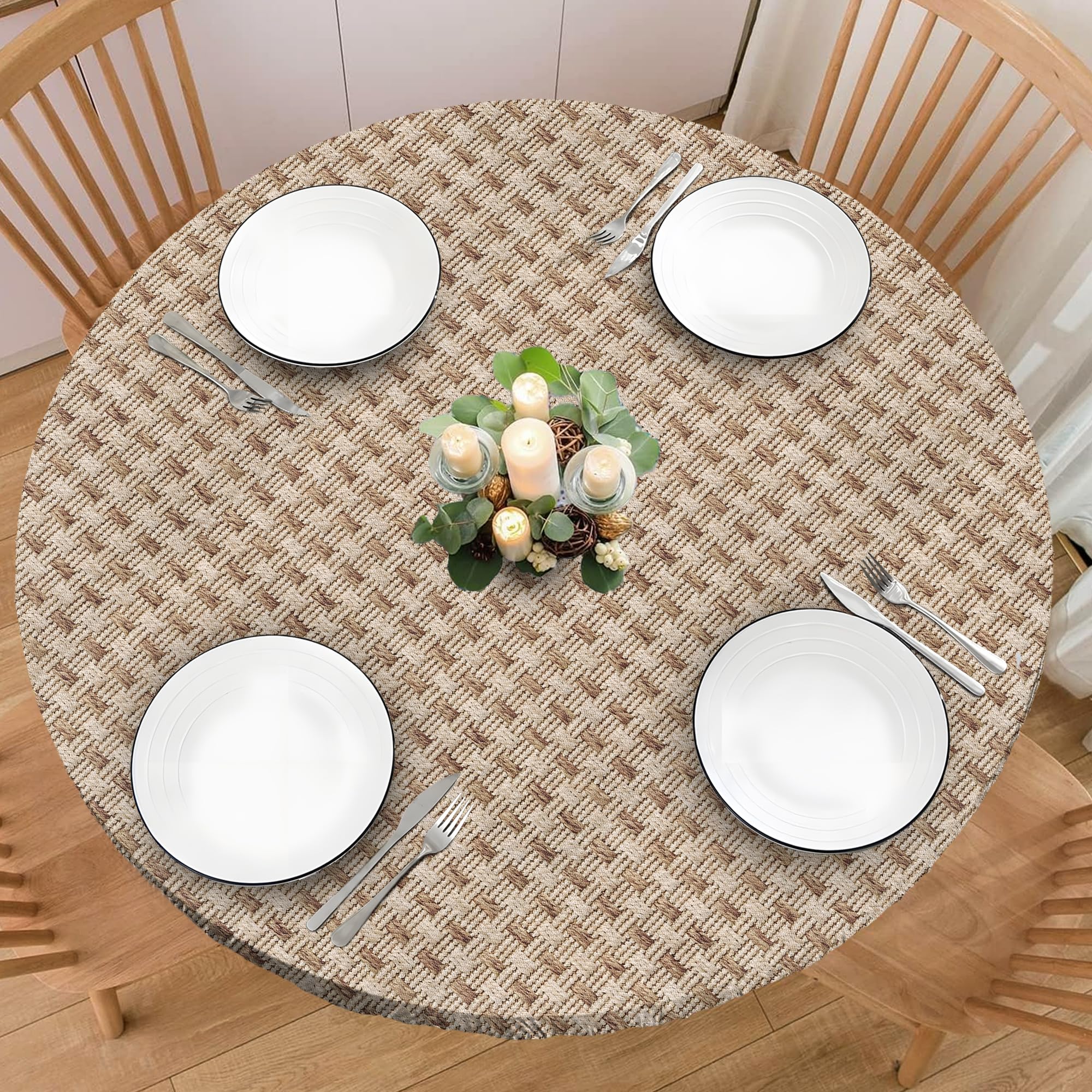 BOOWEATS Weave Printed 60 Inch Round Fitted Cloth Tablecloth with Elastic Edged, Waterproof Oil Proof Wipeable Table Cover for I