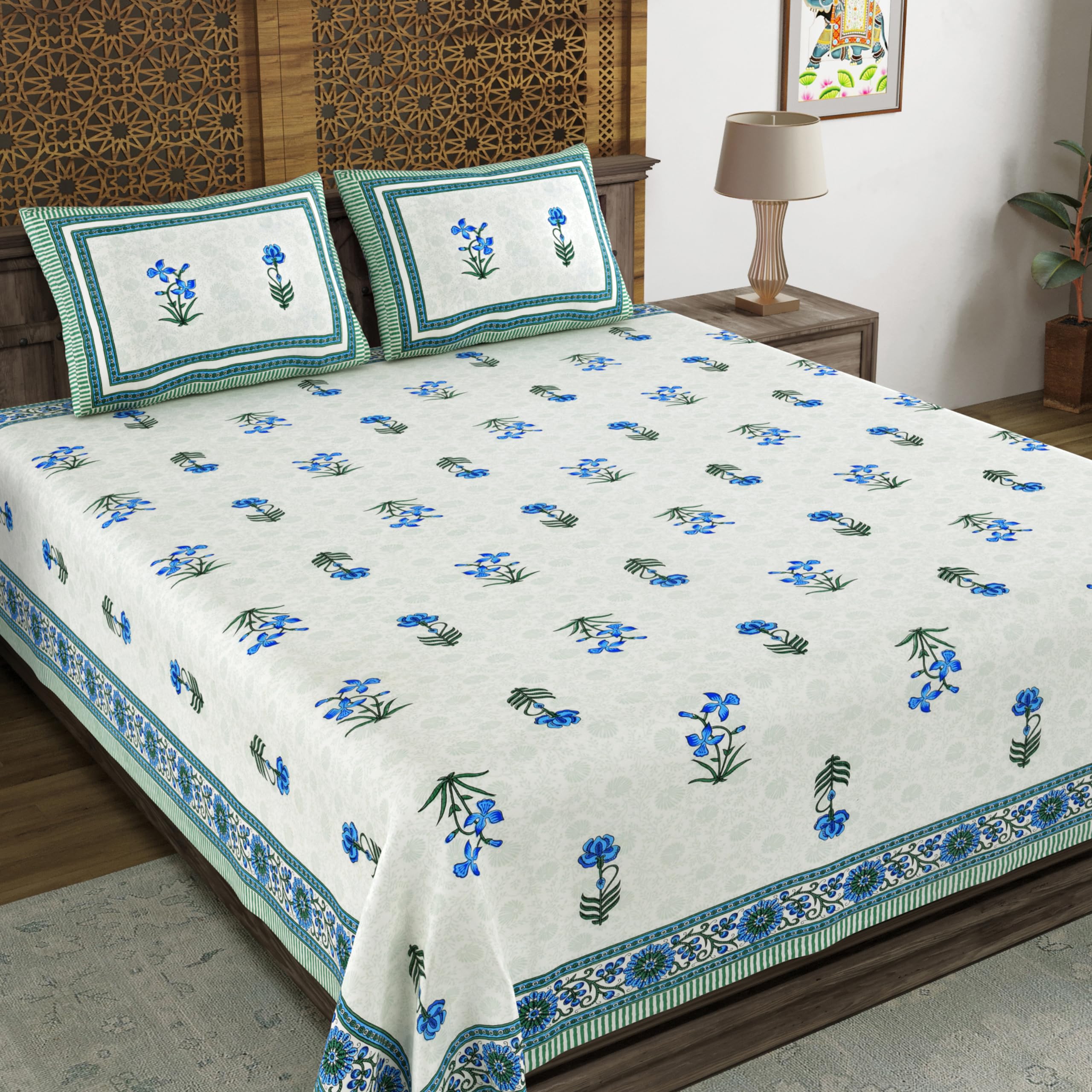 Blocks Of India Hand Block Printed 200 Tc Cotton King Size Bedsheet (Blue Green Flower)