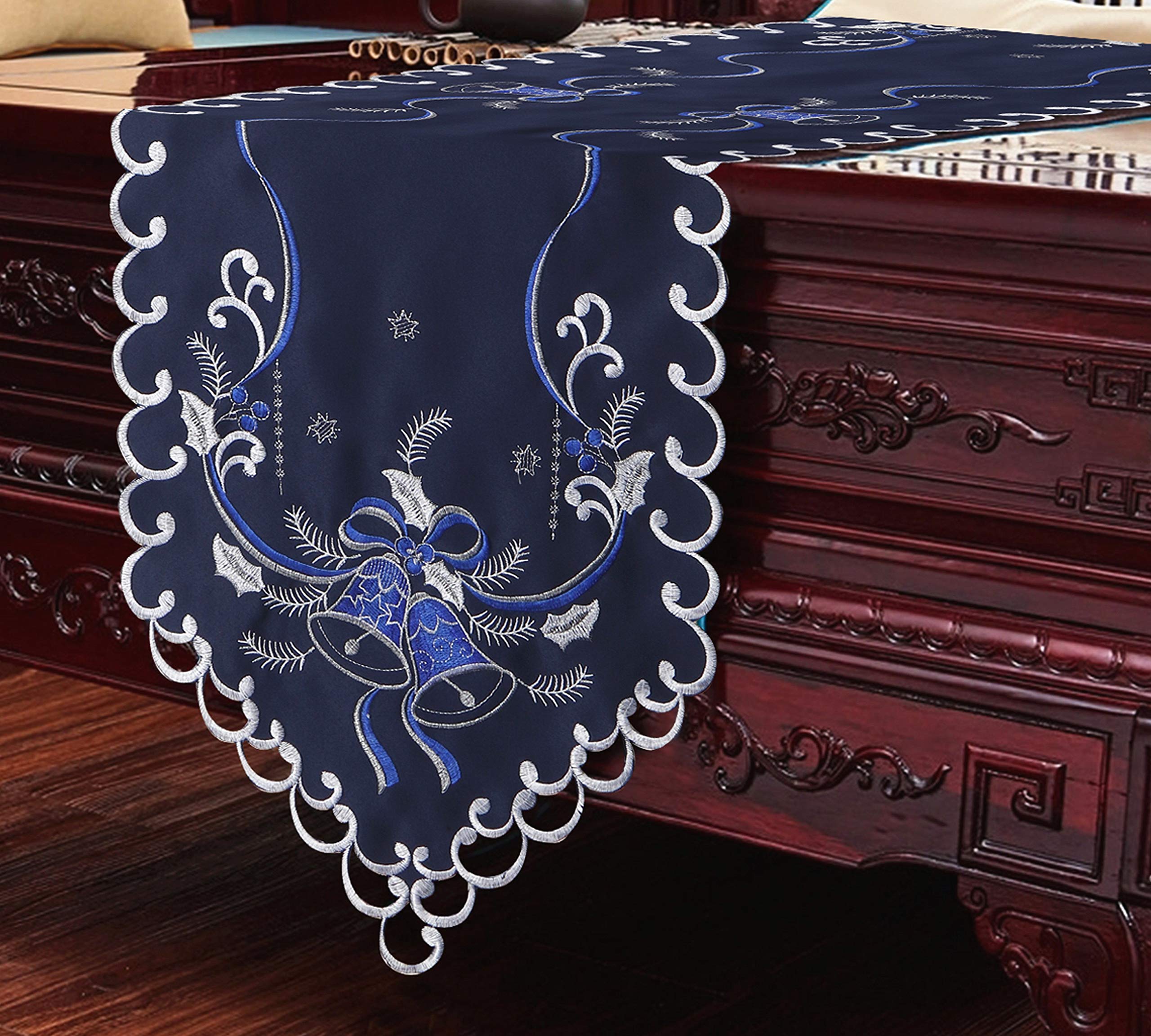 Granddeco Holiday Christmas Table Runner 13''X34'', Cutwork Embroidered Floral Christmas Blue Bells Dresser Scarf Table Topper F