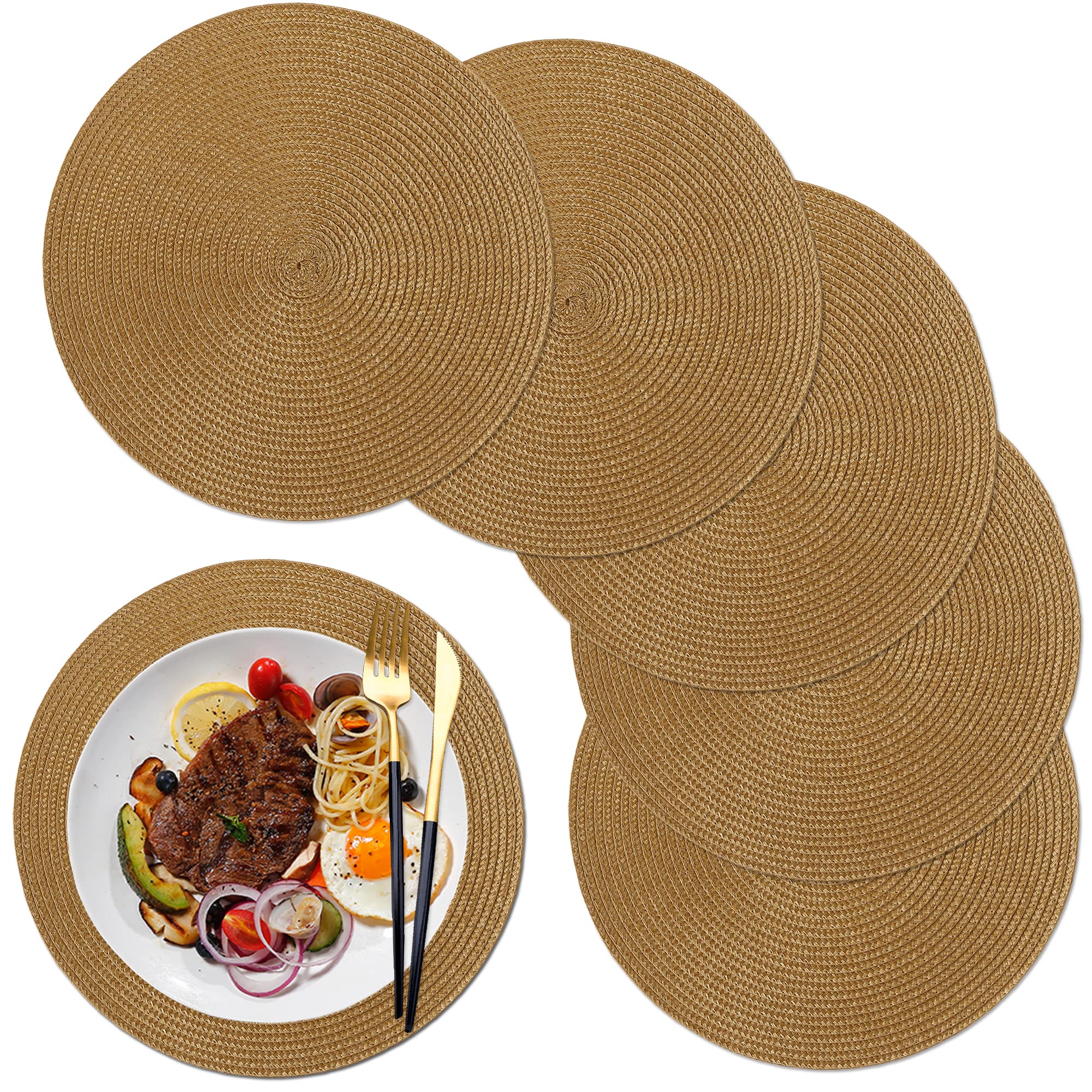 Wanyd Round Placemats Set Of 6,12.6 Inch Small Circle Placemats Washable Table Mats For Wedding Gifts, Housewarming Gifts Khaki