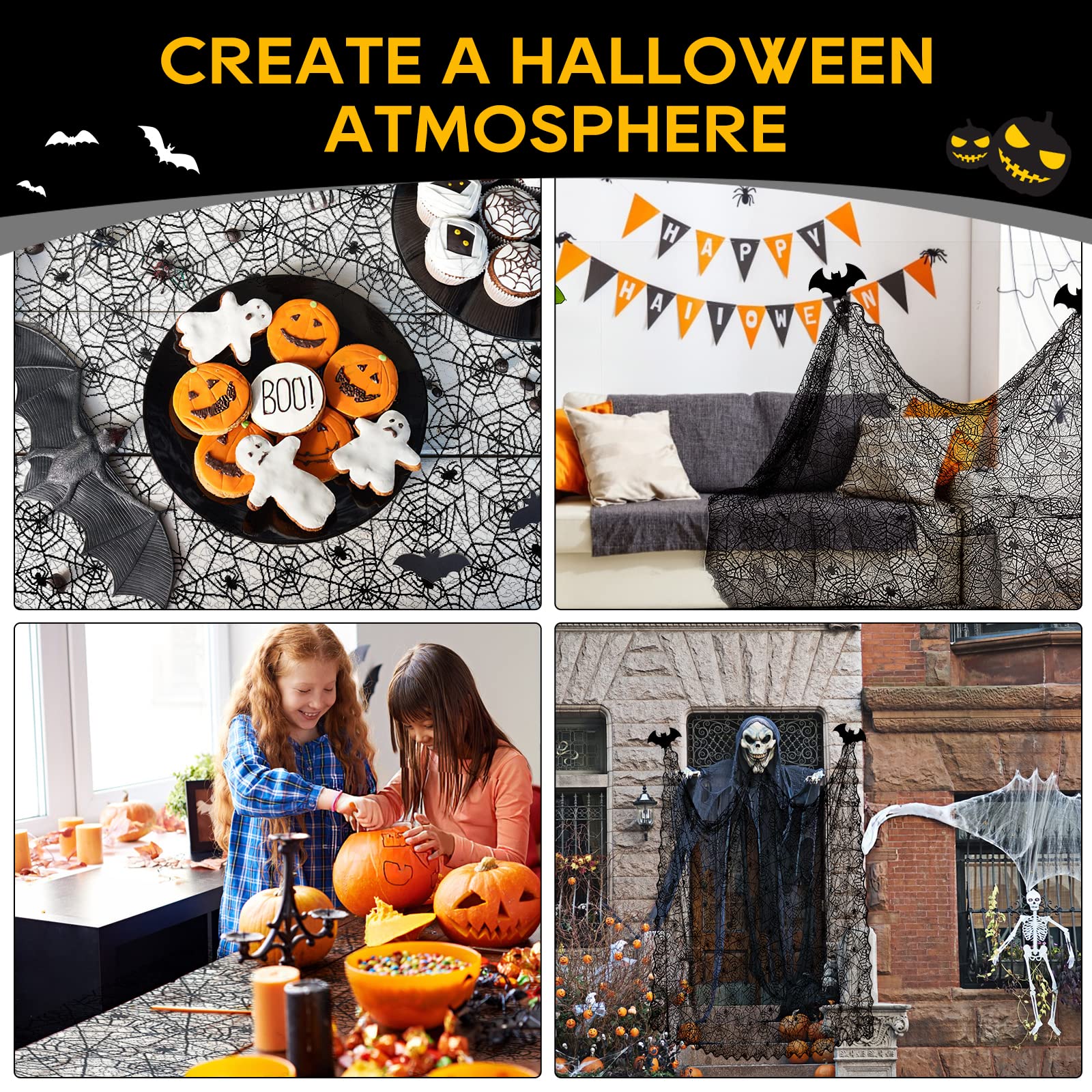 Ezakka Halloween Table Cloth, Spider Webs Tablecloths Black Tablecloth Lace Fabric Table Cloths Spooky Table Cover For Rectangle