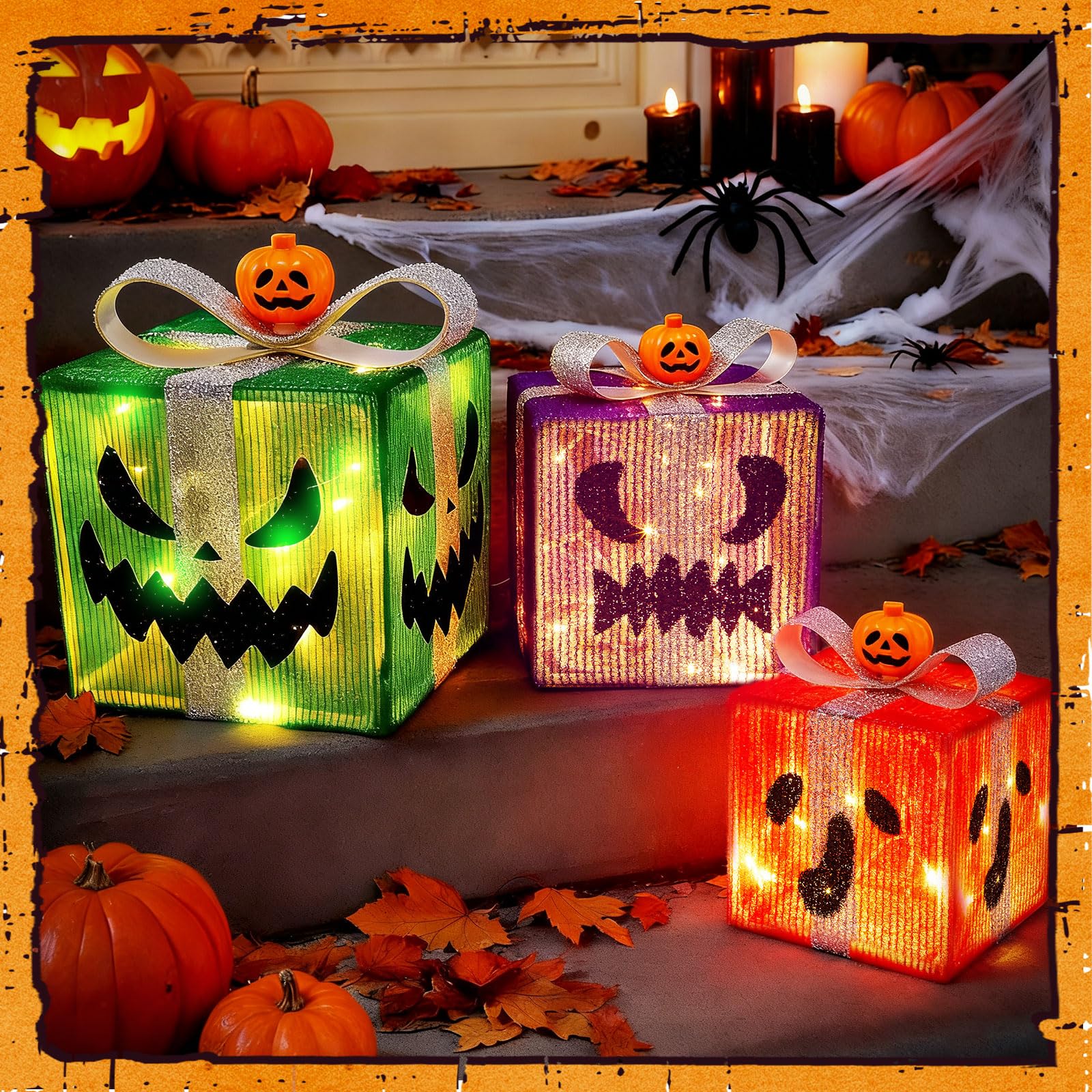 Otoolling 3 Pack Lighted Halloween Pumpkin Gift Boxes with 8 Modes Lighted Battery Operated Jack O Lantern Presents Boxes Hallow