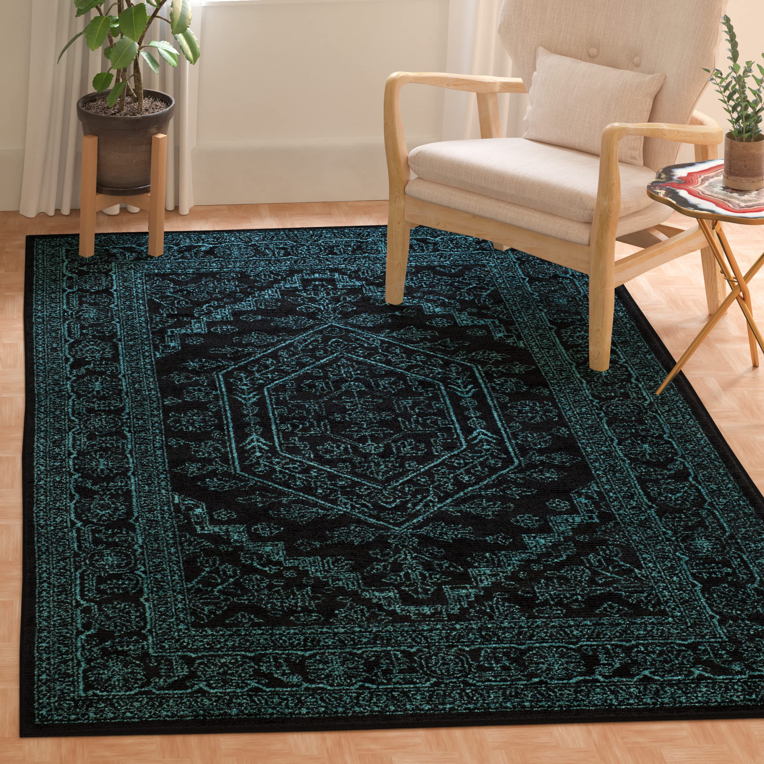 SAFAVIEH Adirondack Collection Accent Rug - 3 x 5, Black & Teal, Oriental Medallion Design, Non-Shedding & Easy Care, Ideal fo