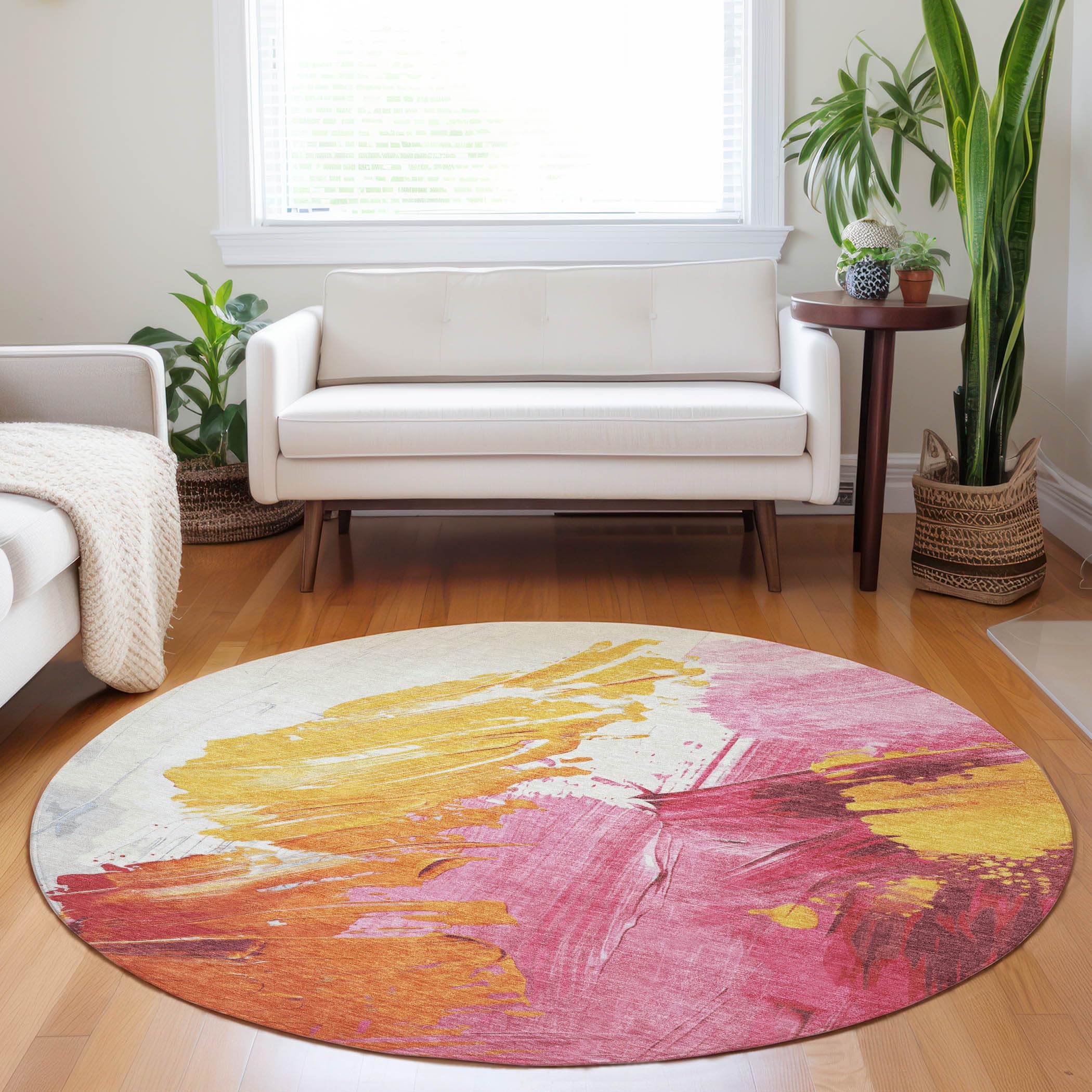 Machine Washable Indoor/Outdoor Chantille Blush 8 x 8 Round Rug