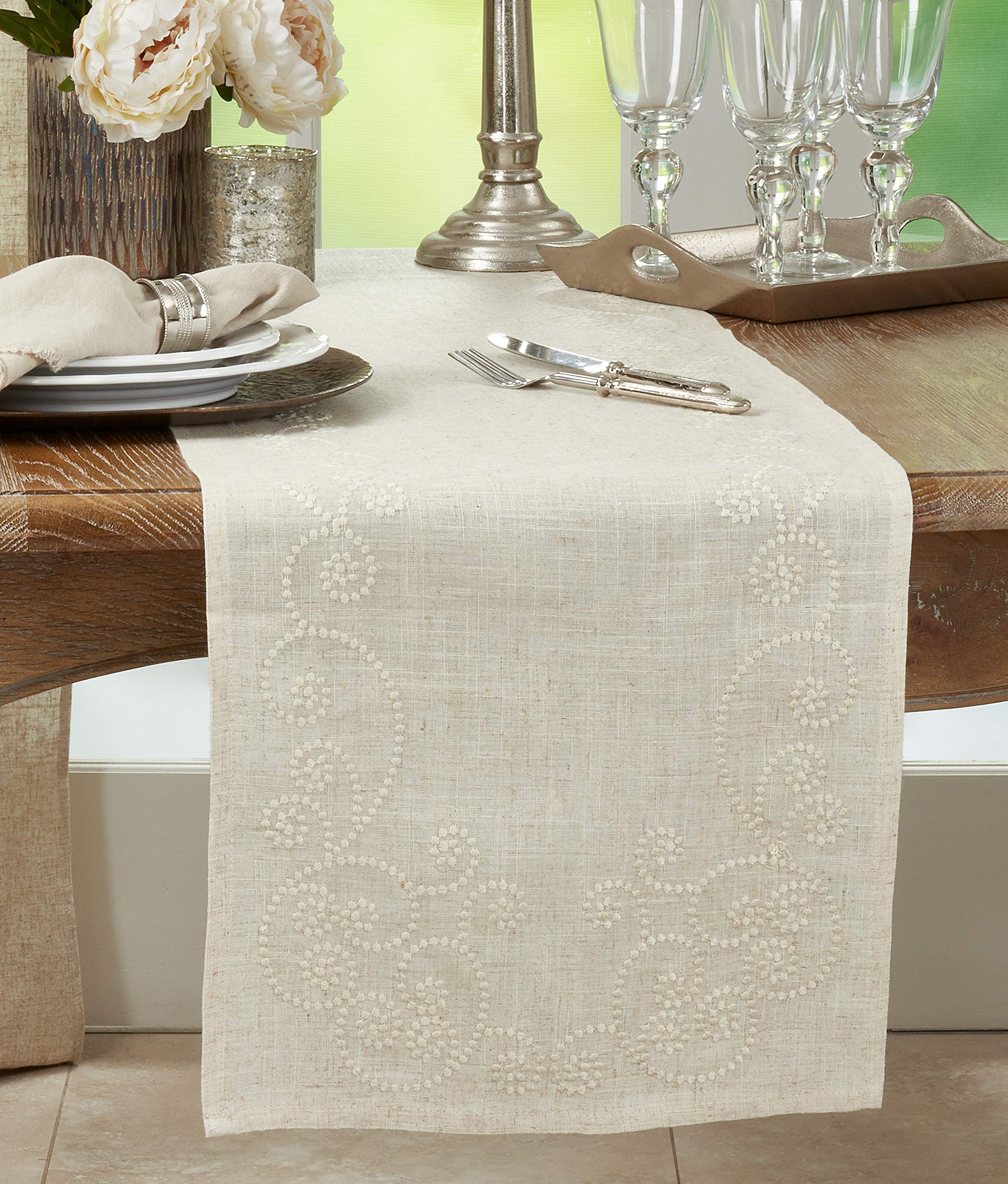 Saro Lifestyle Embroidered Swirl Design Linen Blend Table Runner, 16'' X 72'', Natural
