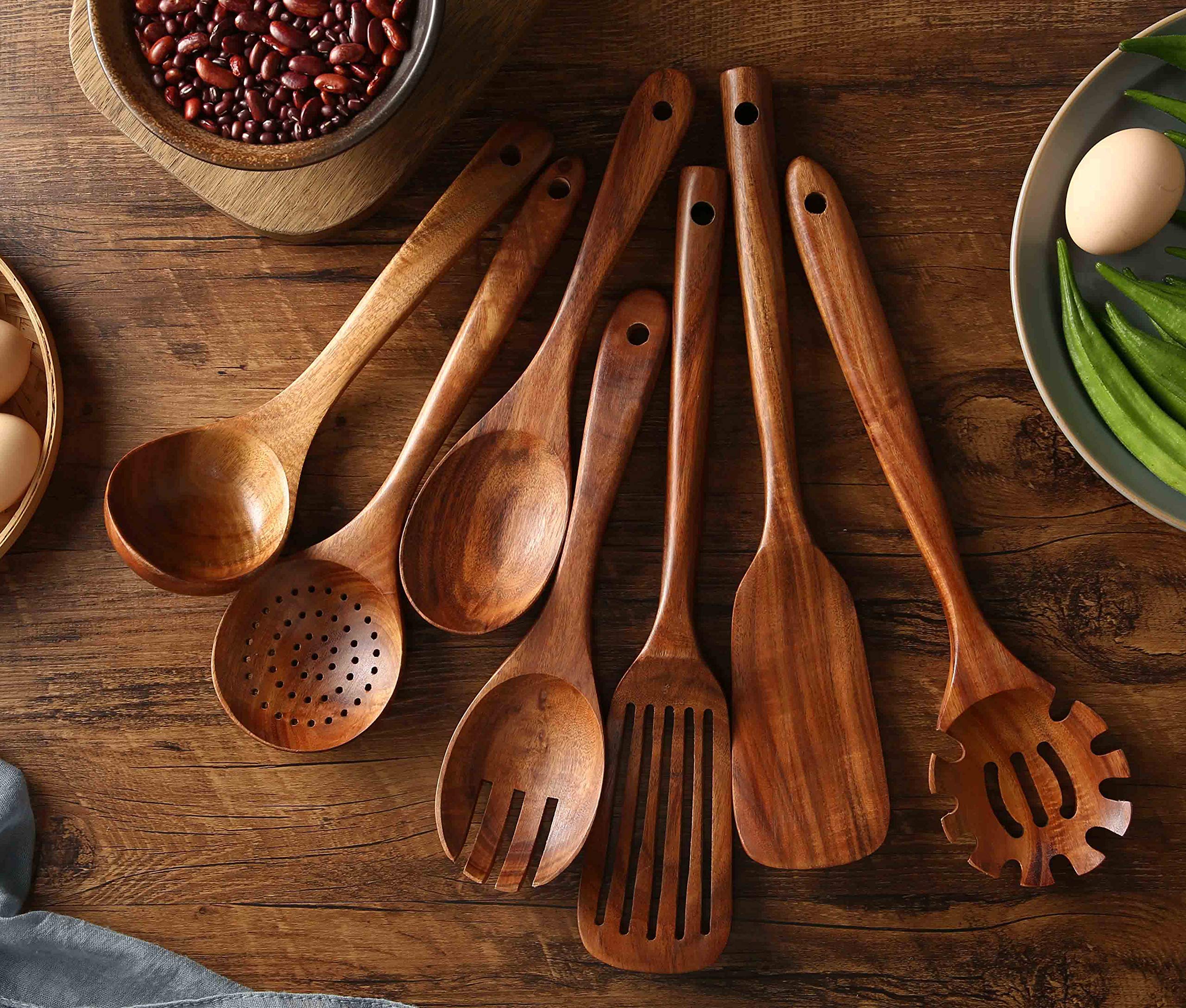 Wooden Kitchen Utensils Set,Nayahose Wooden Spoons For Cooking Natural Teak Wood Kitchen Spatula Set For Cooking Including Spoon