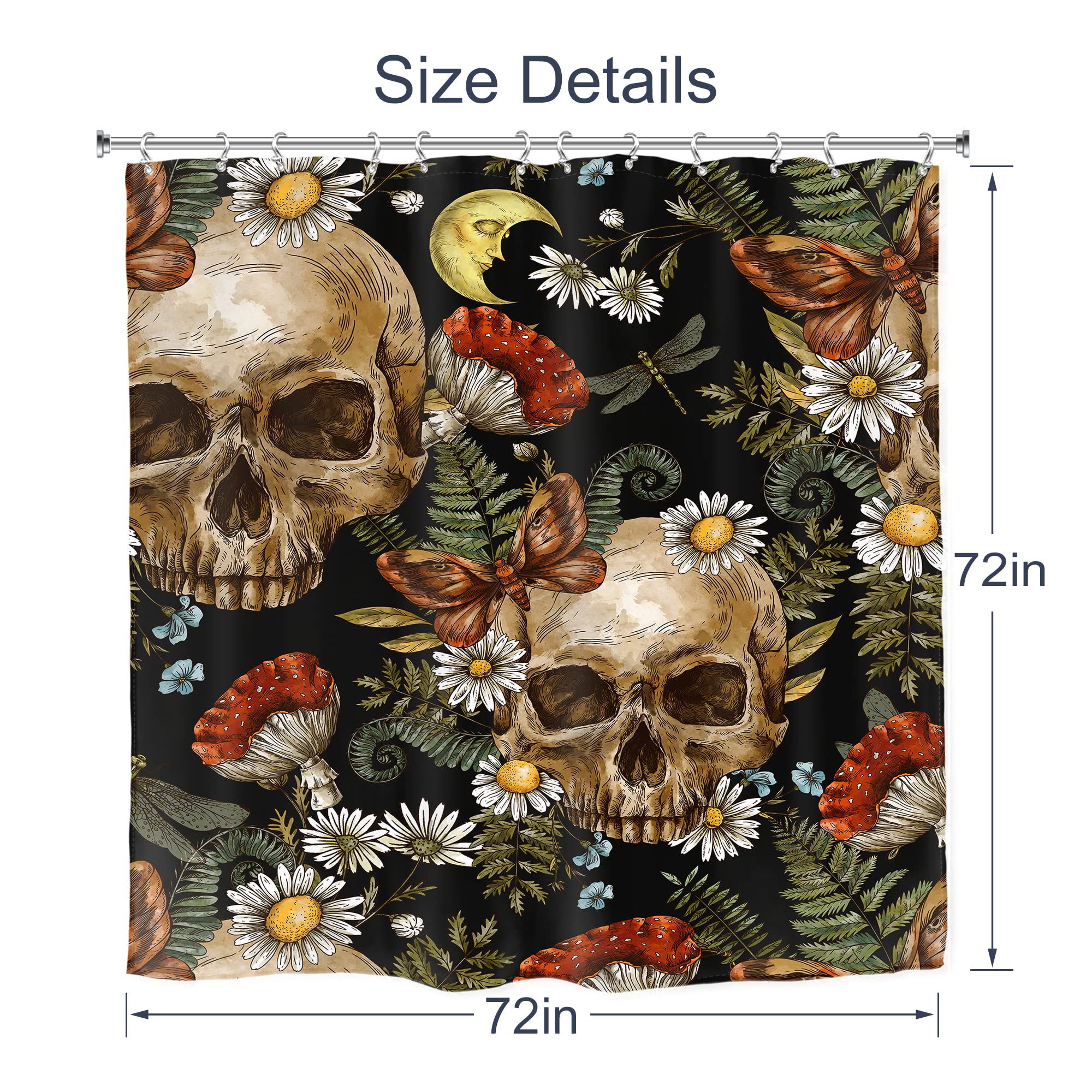 Ambzek Sugar Skull Shower Curtain Mushroom Floral 72Wx72L Inch Gothic Halloween Bathroom Decor Set Goth Skeleton Spooky Mens Hor