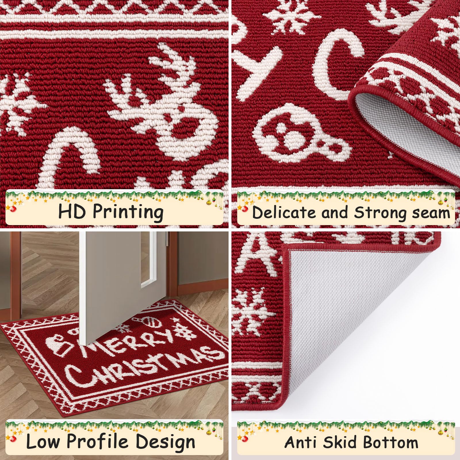 Ileading Christmas Kitchen Rugs Sets of 3 Piece Xmas Kitchen Floor Mat Non Skid Washable Runner Rug for Winter Holiday Decor Far
