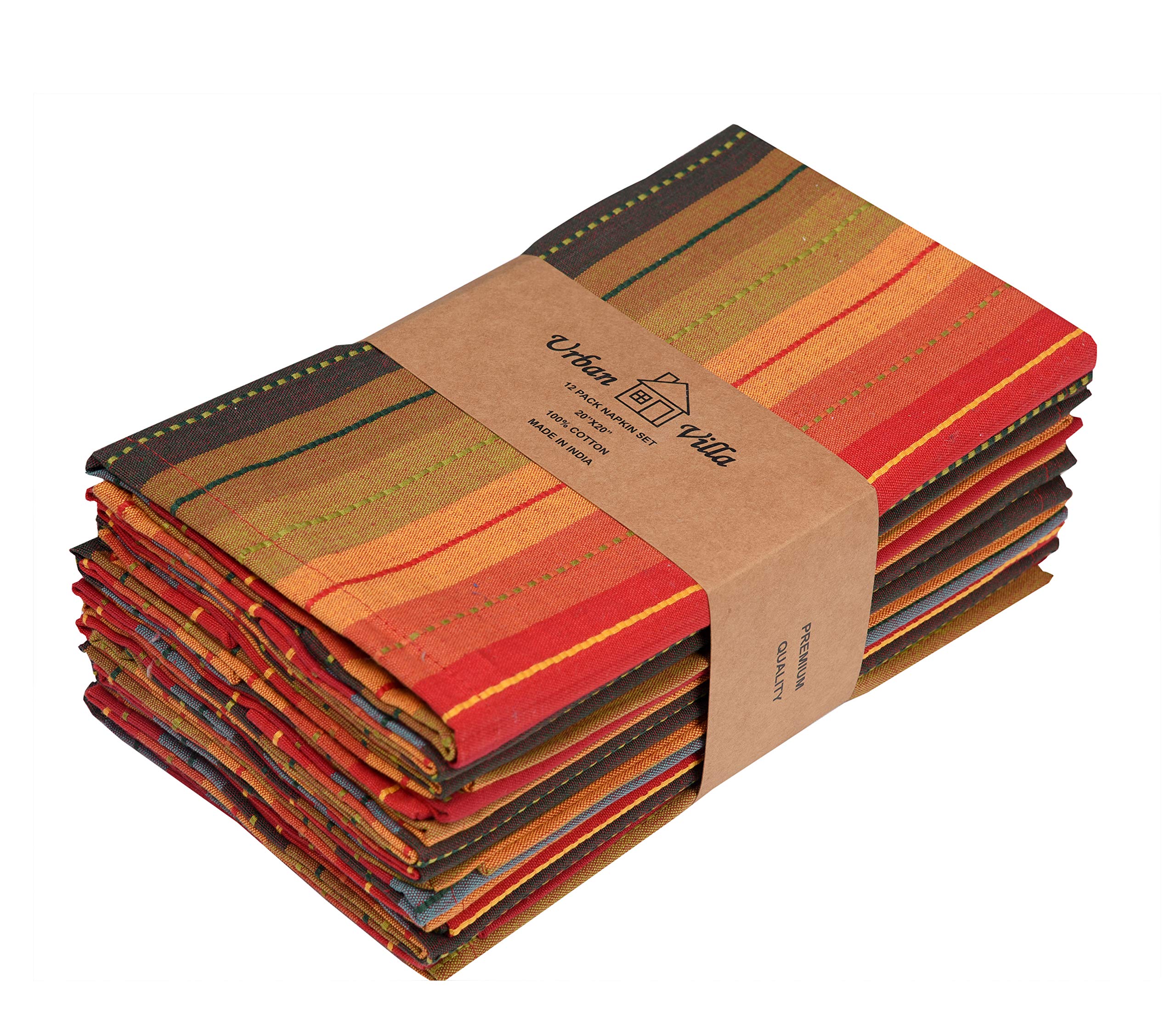 Urban Villa Dinner Napkins Cuisine Stripes Cloth Napkins Set Of 12 Red Multi Color Dinner Napkins 20X20 Inches 100% Cotton Dinne