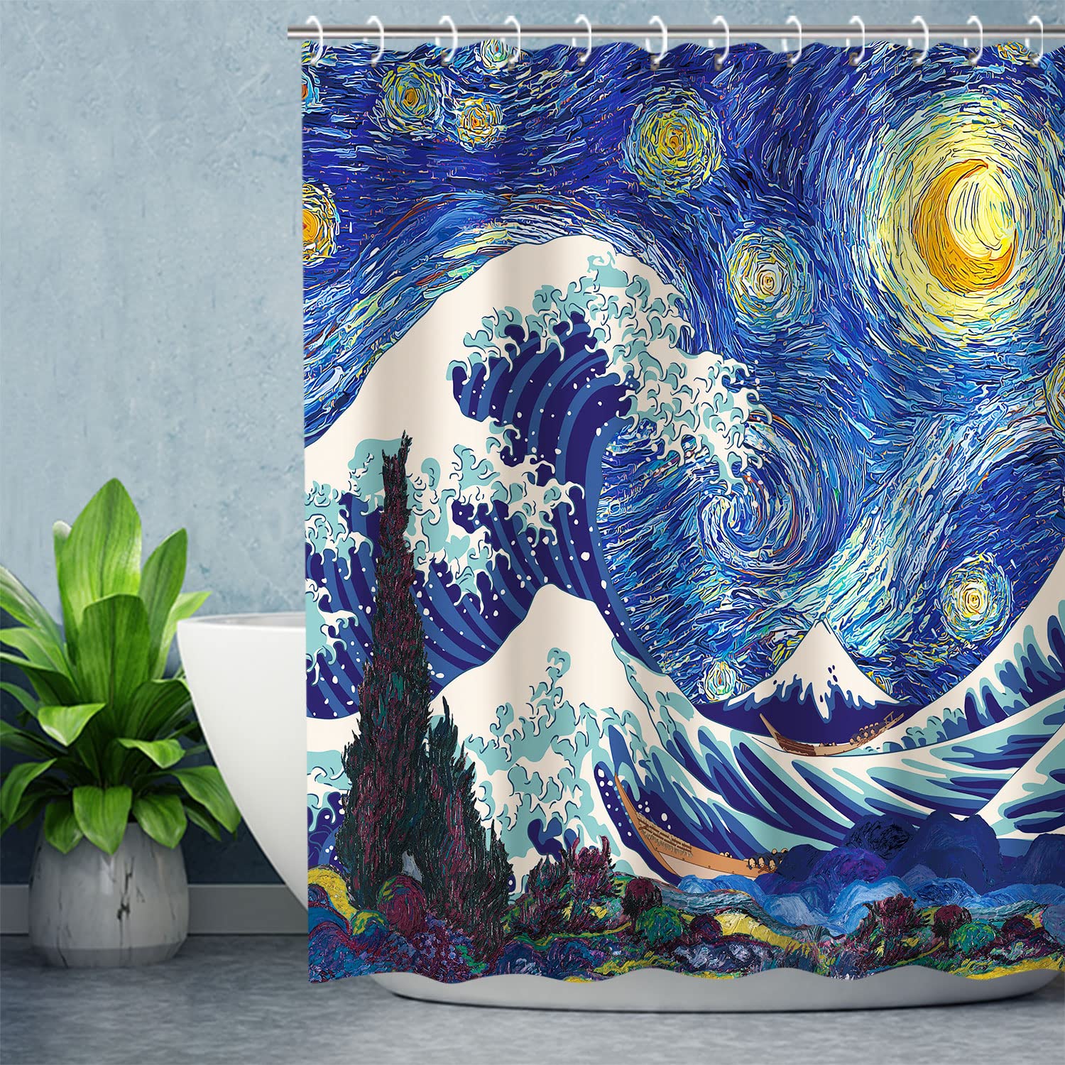 Rosielily Japanese Shower Curtain Wave Shower Curtain, Starry Night Shower Curtains Set With 12 Hooks, Waterproof Van Gogh Showe