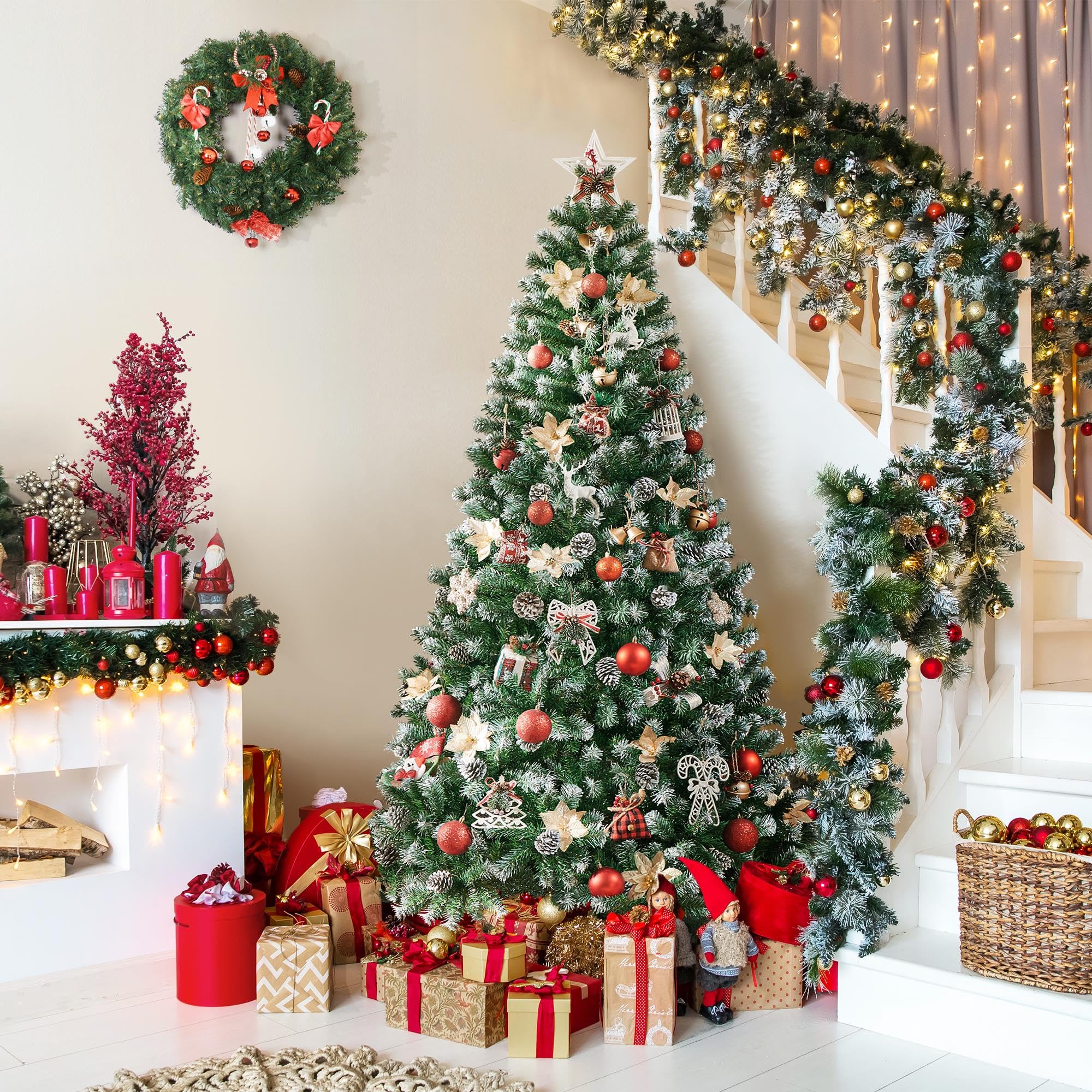 Yaheetech 6ft Artificial Christmas Tree, Snow Flocked Christmas Tree w/64 Pinecones, 920 Frosted Tips, Pre-Decorated Tree for Ho