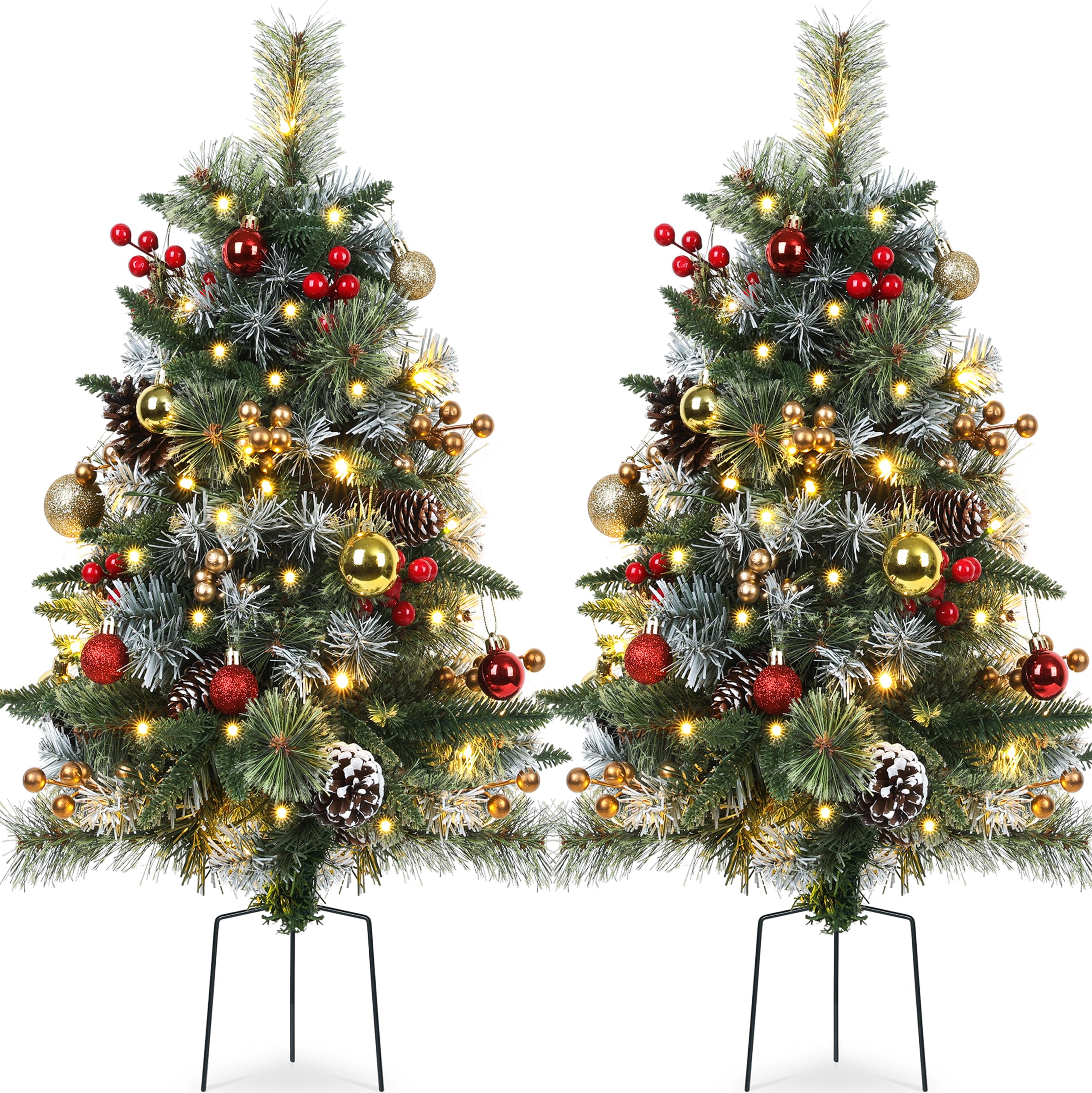 TOWPONICS Set of 2 Outdoor Pathway Christmas Trees with Lights, Frosted Twinkle Small Easy Christmas Tree for Driveway, Entrance