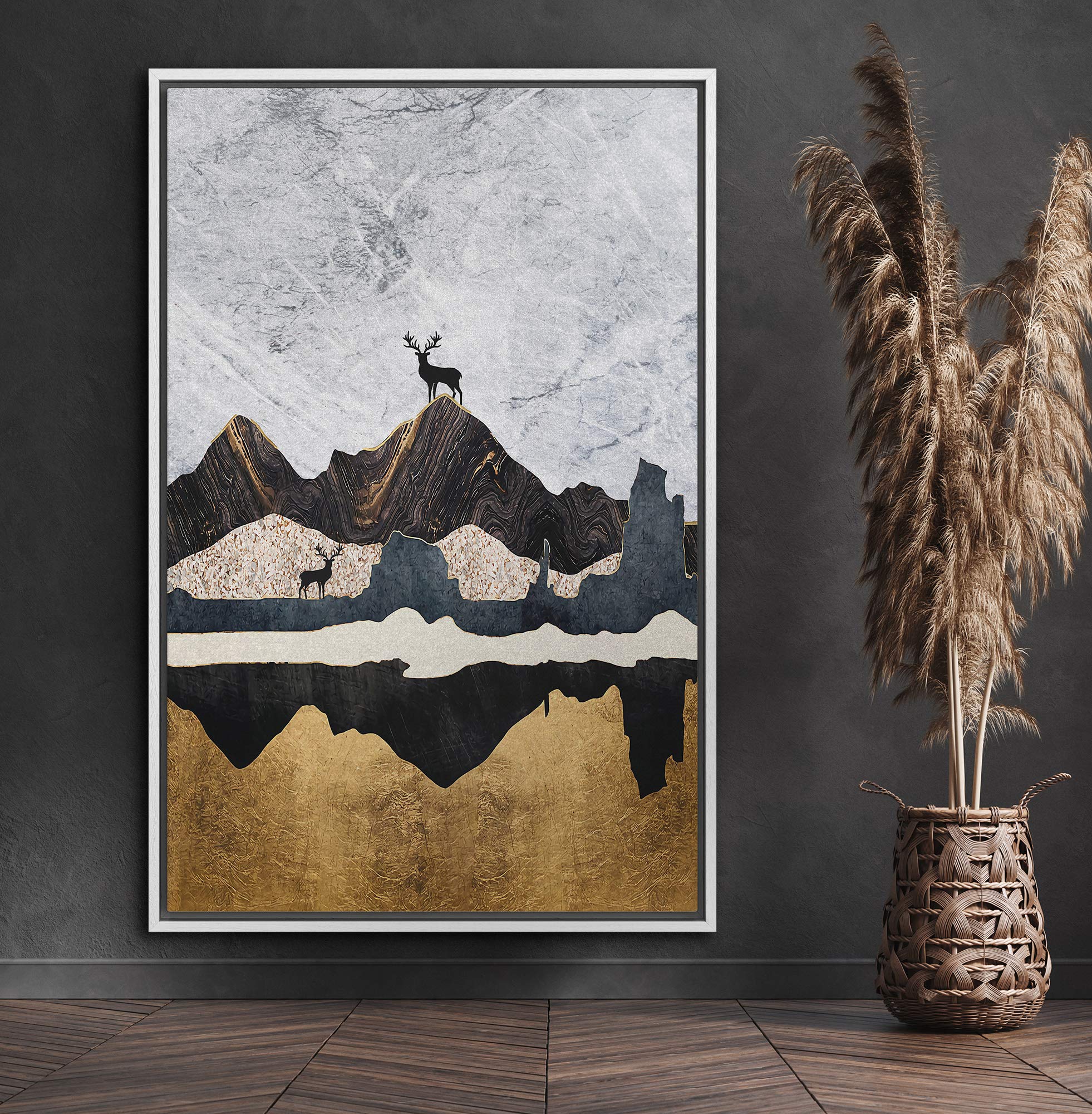 Signford Framed Canvas Print Wall Art Elk Duo On Dark Marble Effect Mountains Abstract Wilderness Illustrations Modern Art Conte