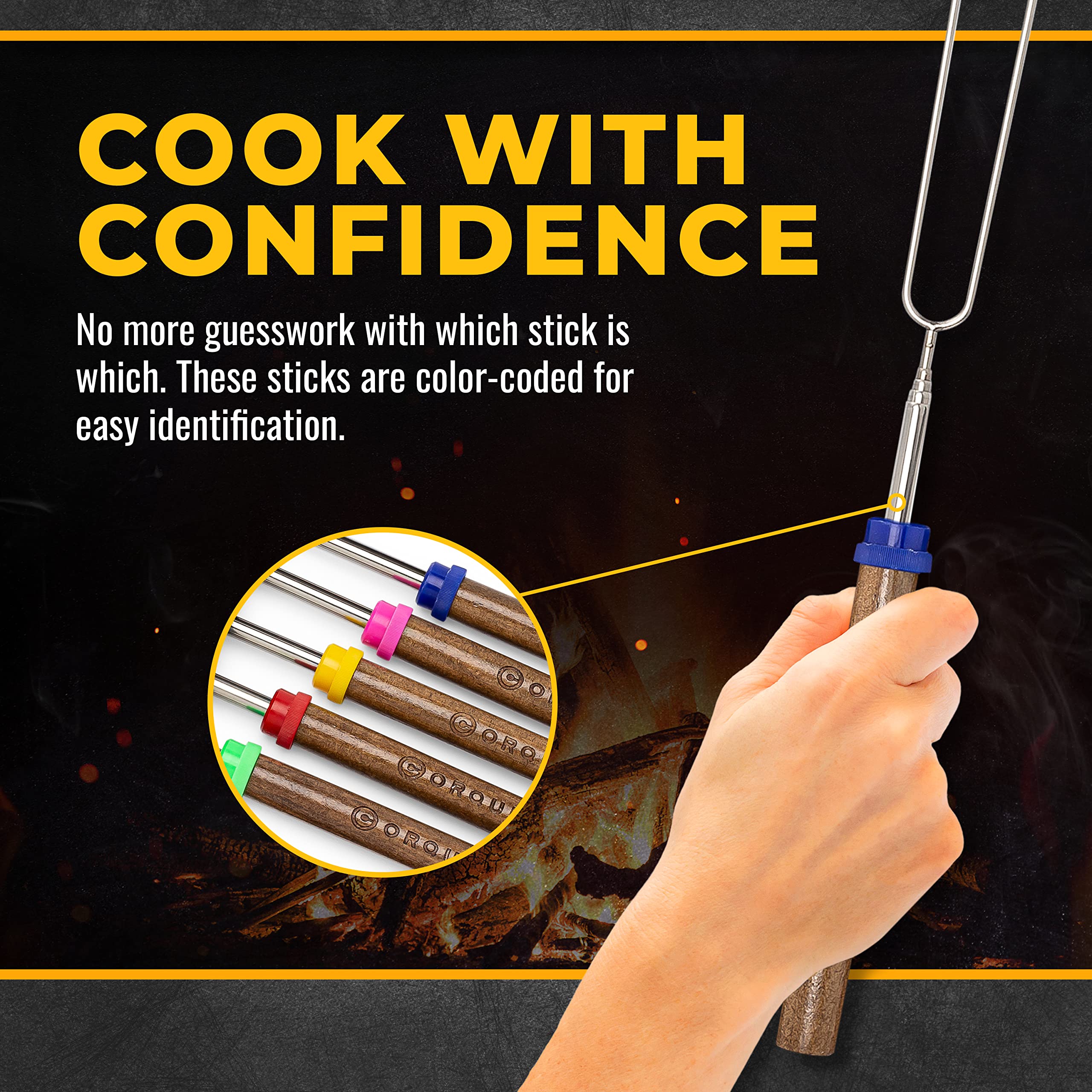 CORQUE Marshmallow Roasting Sticks  Smores Sticks  Extendable  Camping Skewer for Fire Pit  Wooden Handle  32inch Metal for BBQ Hotdog  Cooking  Campfires  Bonfires  Set of 5